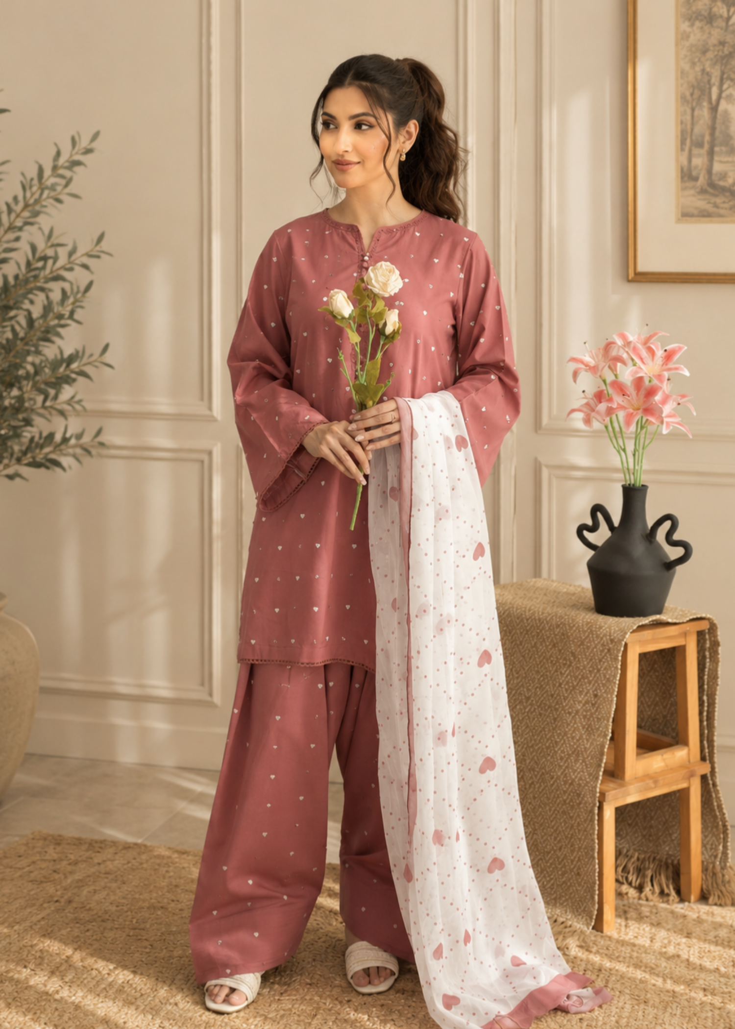 linen Kurta Set in Strawberry pink