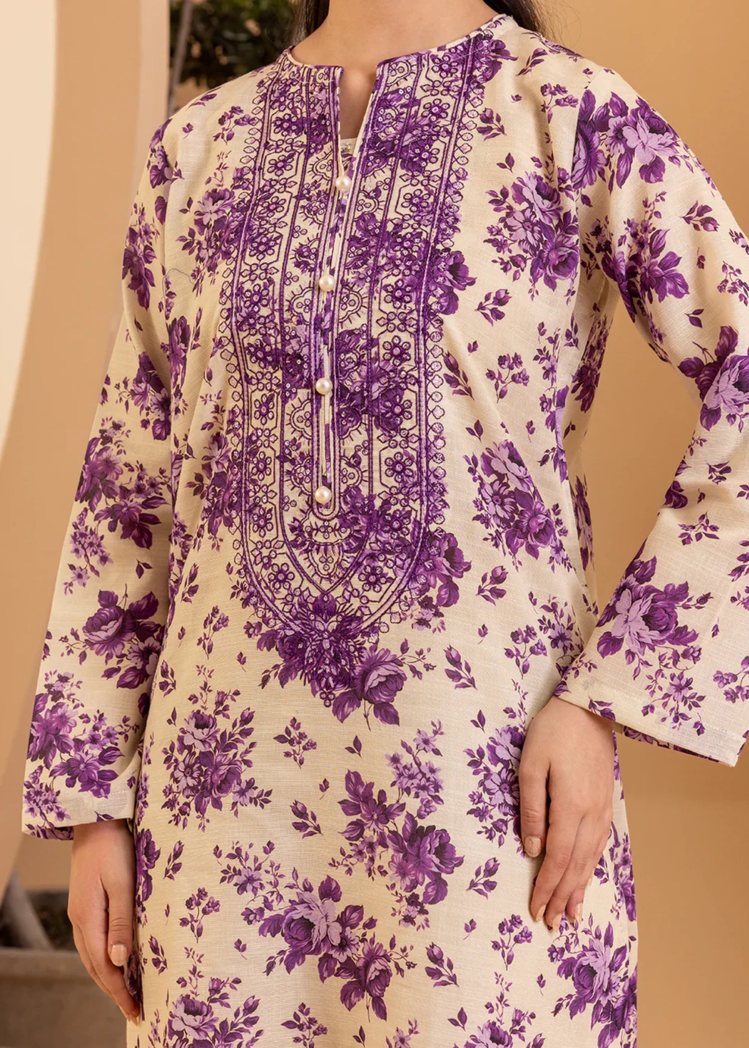 khaddar Kurti in Cream, purple