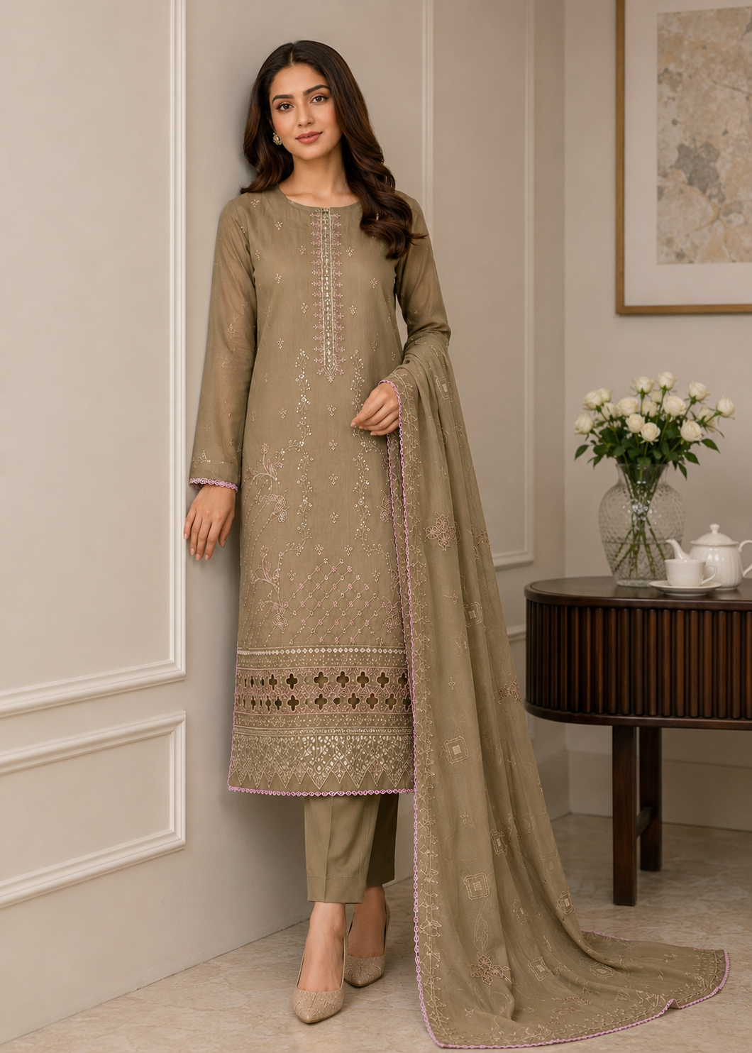 cotton Kurta Set in Caramel brown