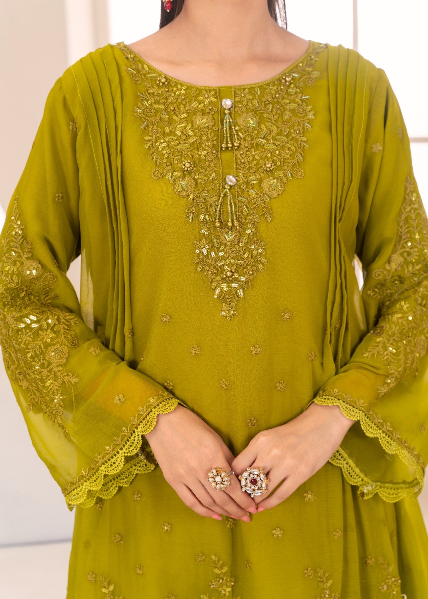 chiffon Pishwas in Yellow green