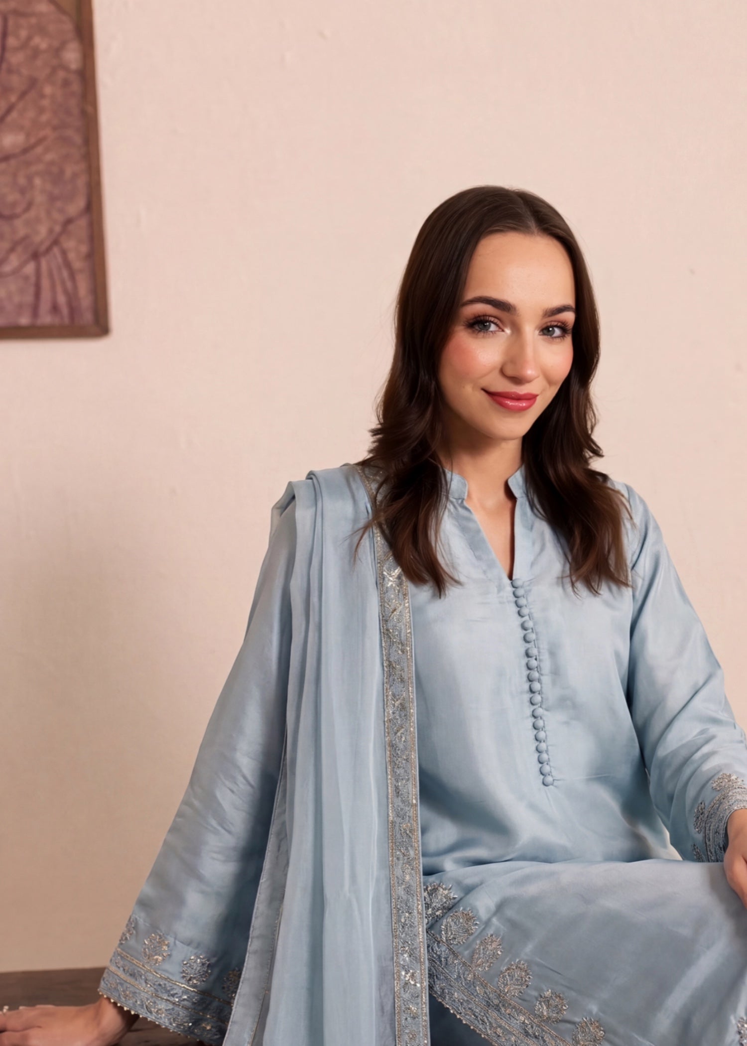 kattan silk Kurta Set in Ice blue