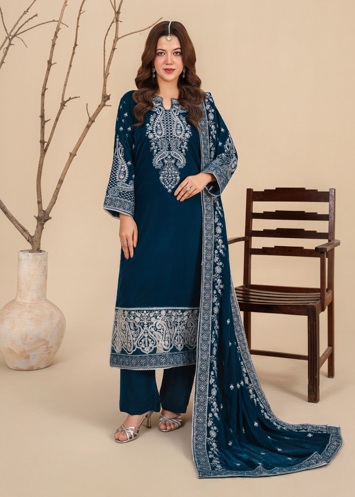 velvet Kurta Set in Yale blue