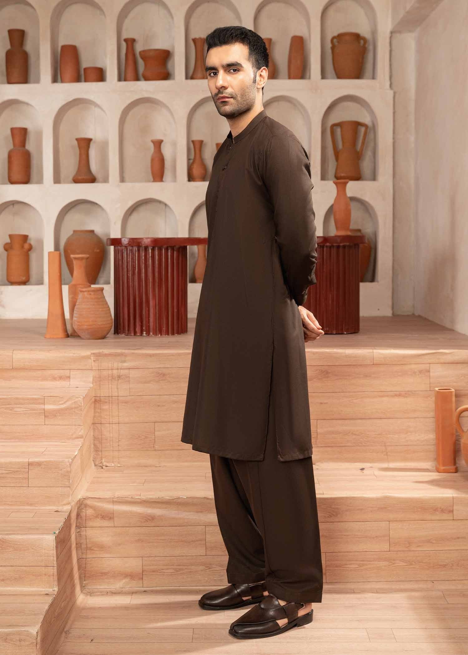 wash & wear Shalwar Kameez in Dark brown by Buraq