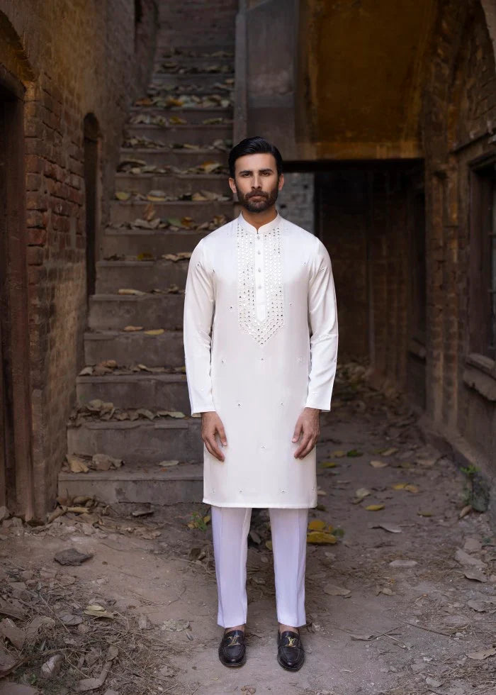 cotton silk Kurta Set in White