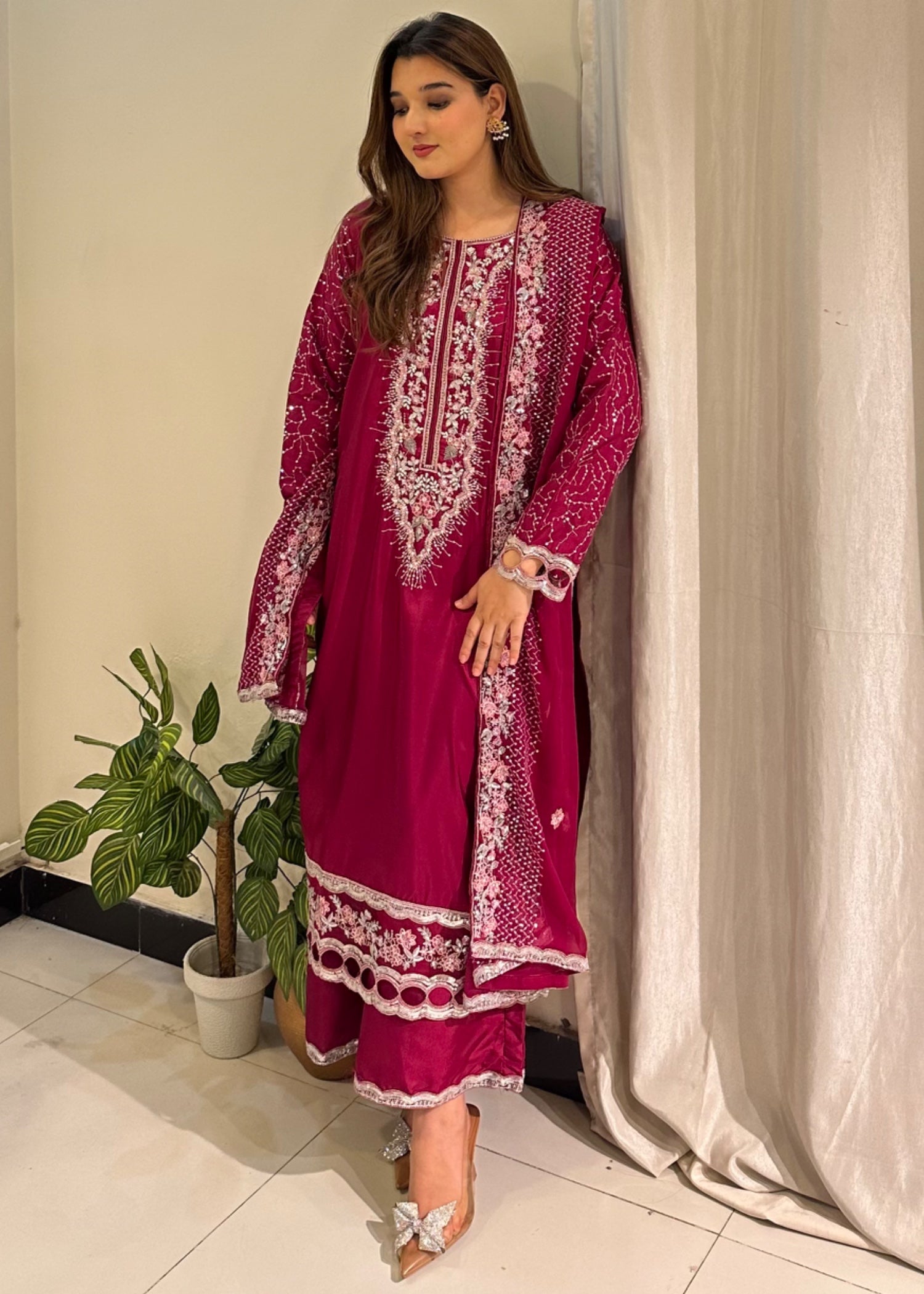 silk Kurta Set in Magenta