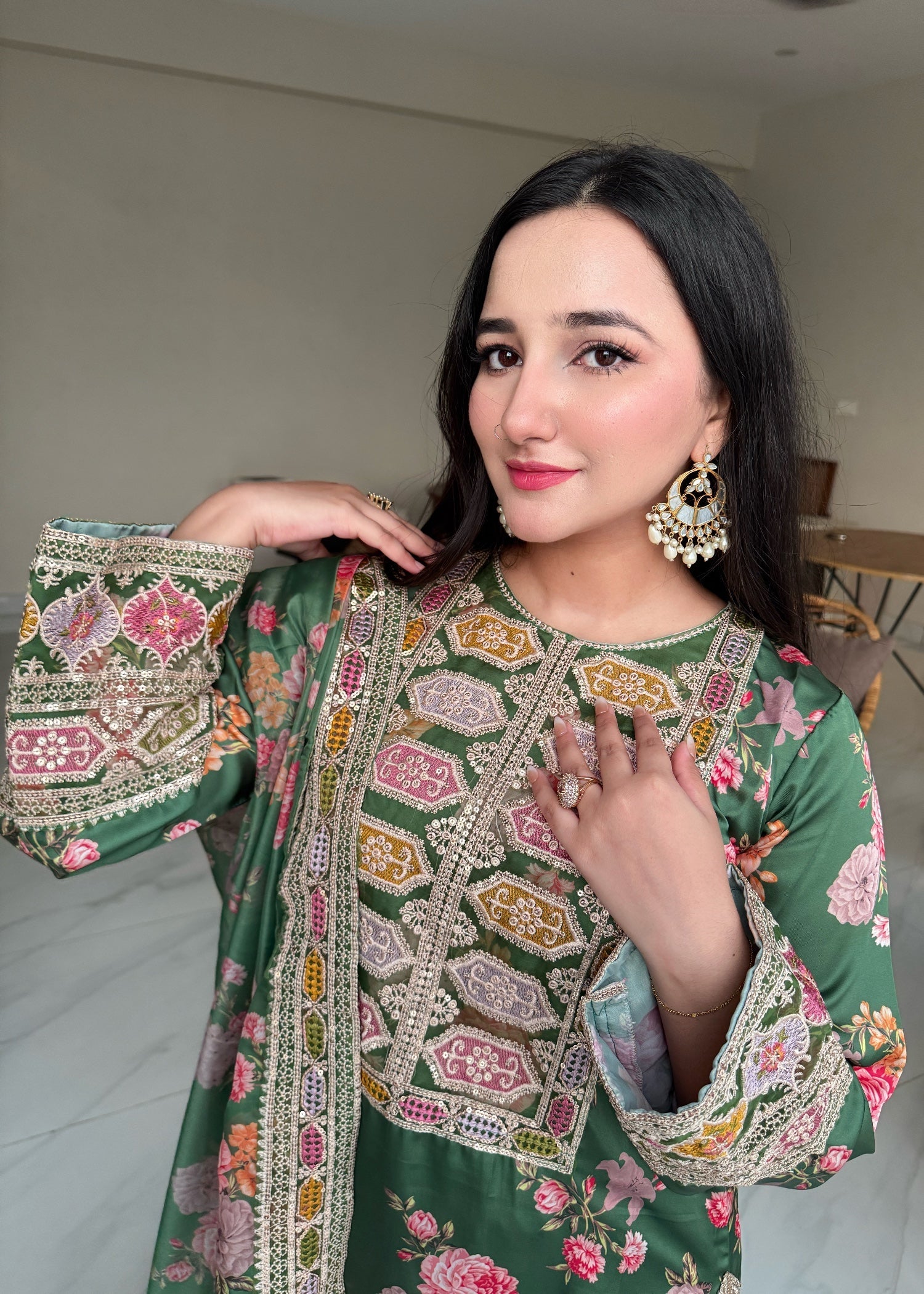 silk Kurta Set in Fern green