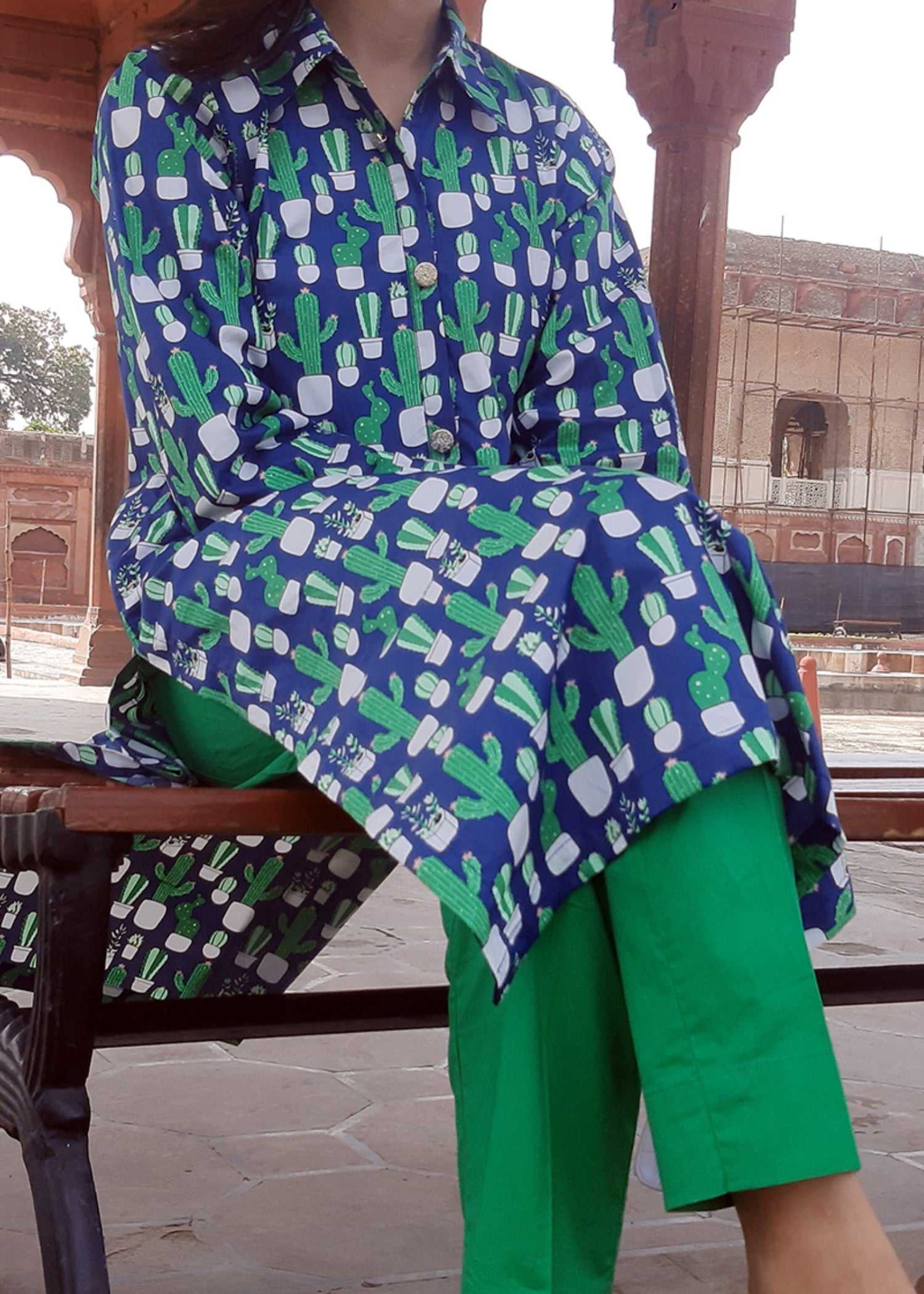cambric Kurta Set in Blue, green
