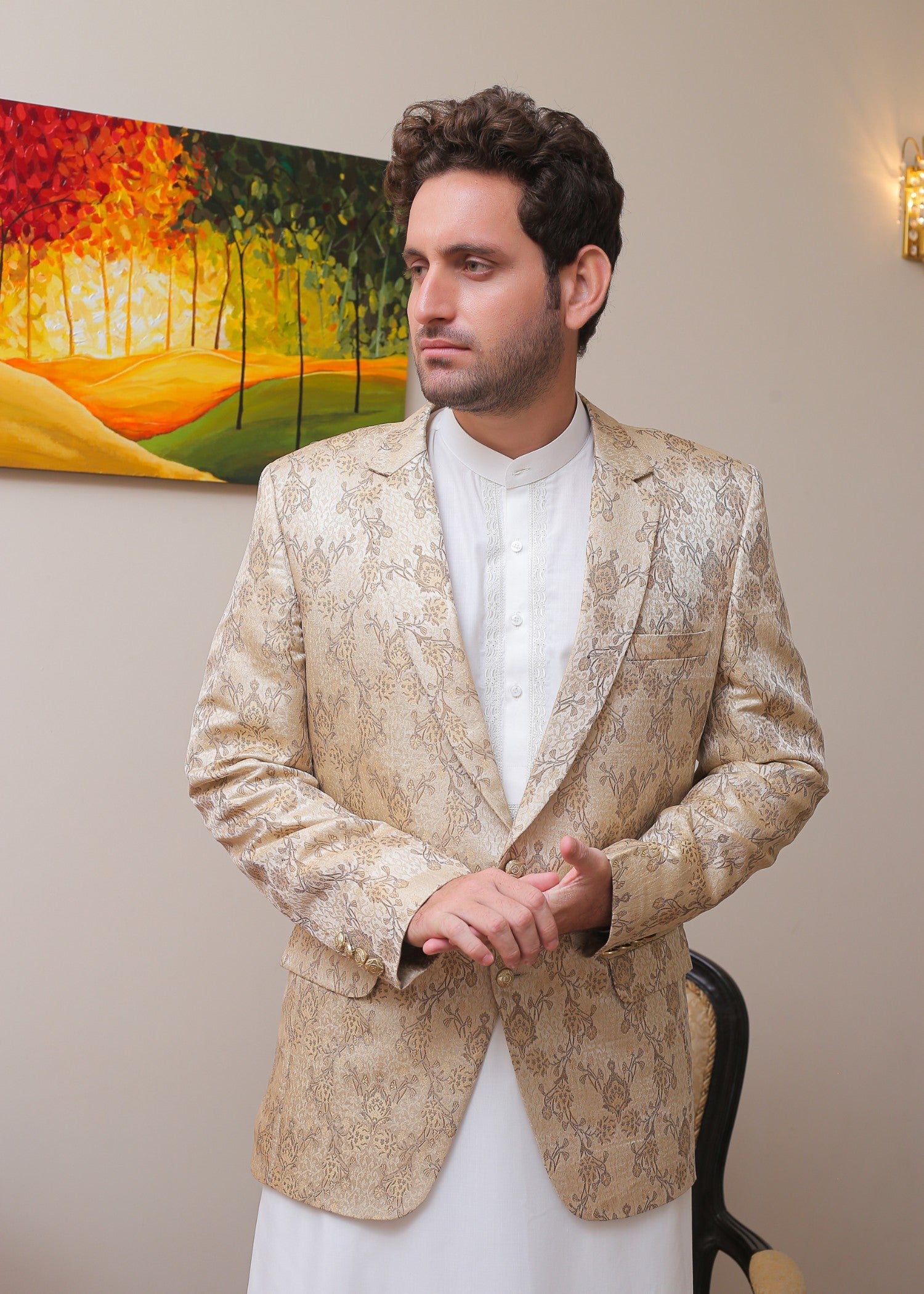 banarsi silk Prince Coat in Beige