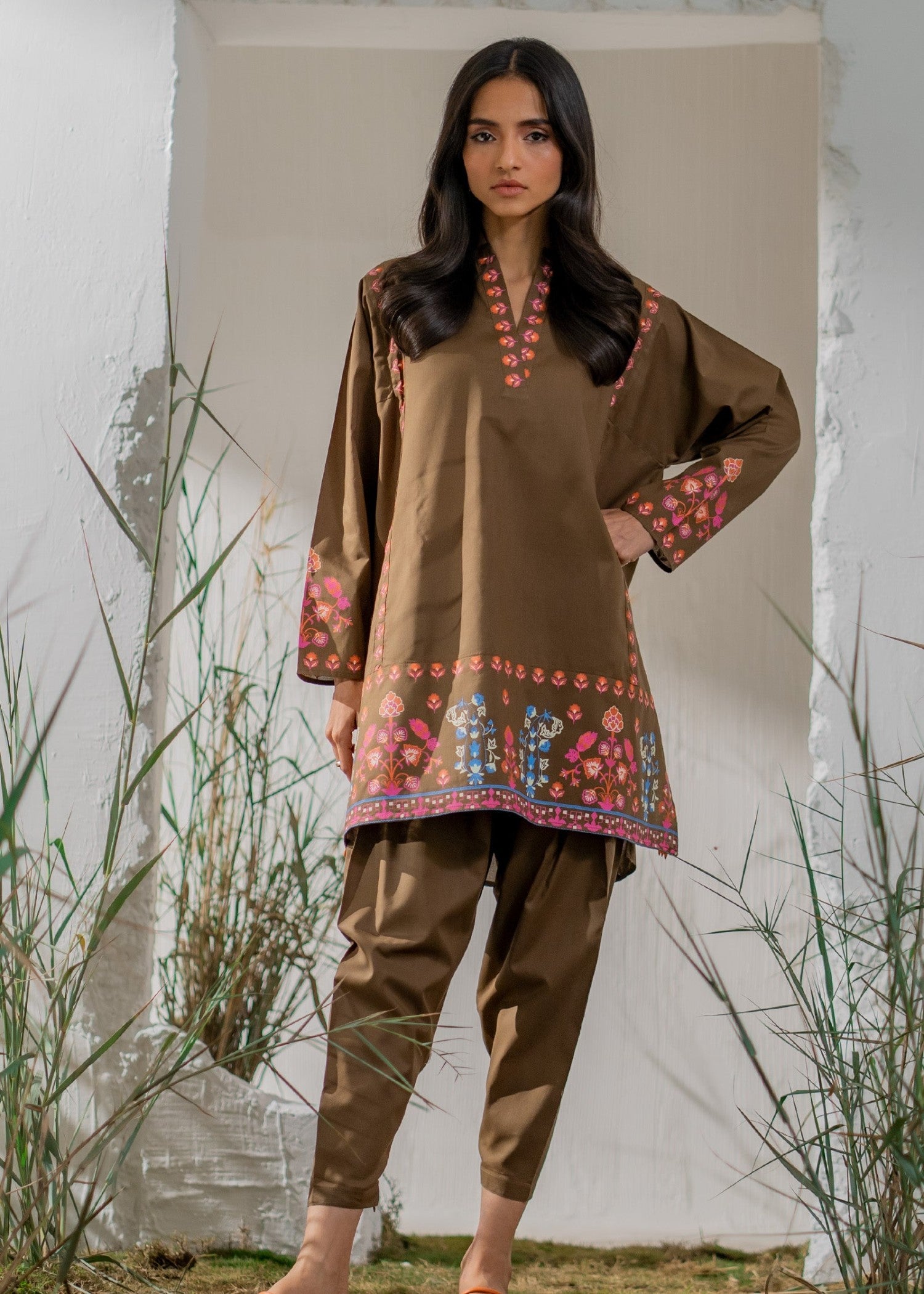 poly lawn Kurta Set in Coffee brown