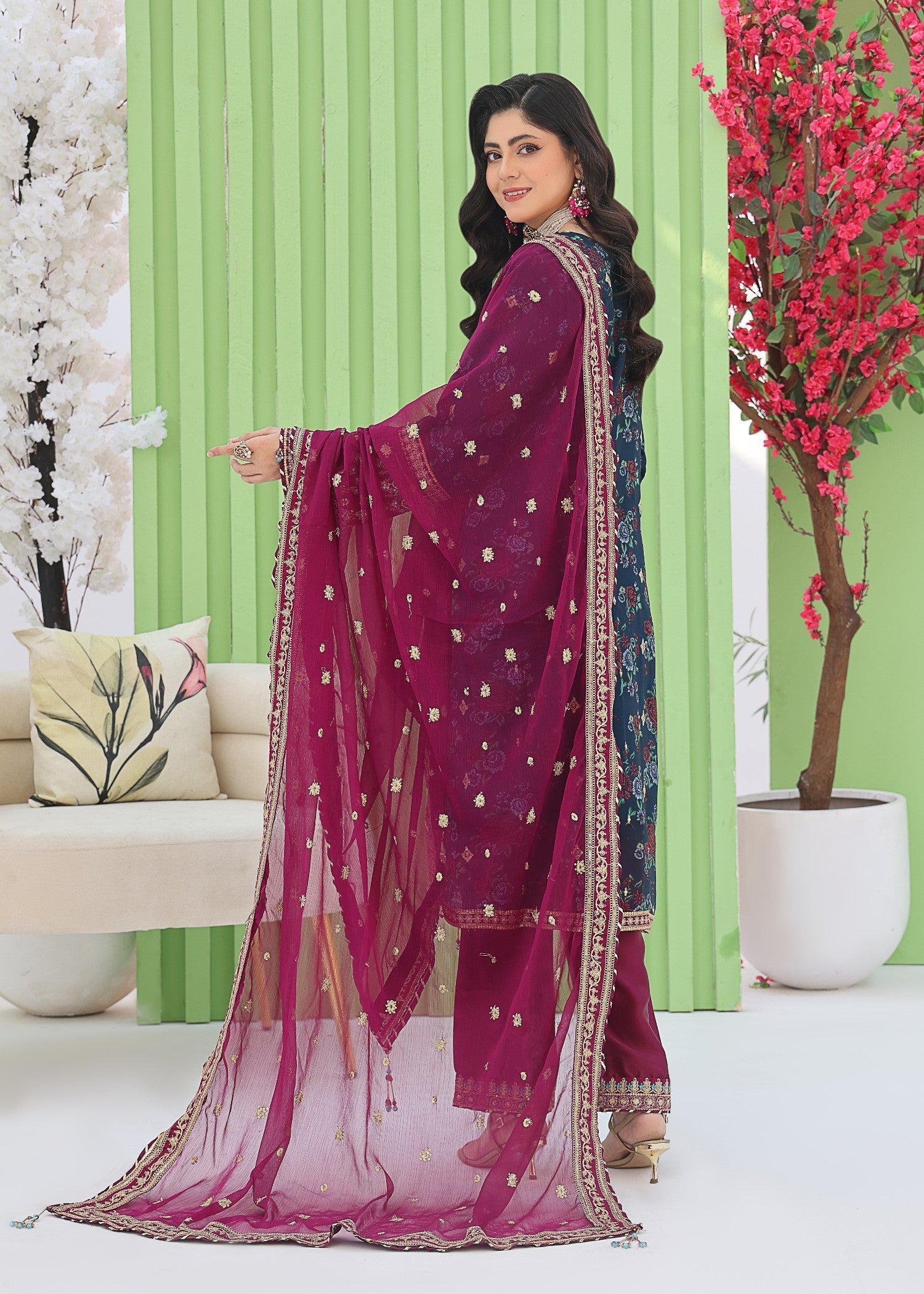 chiffon Kurta Set in Aegean blue