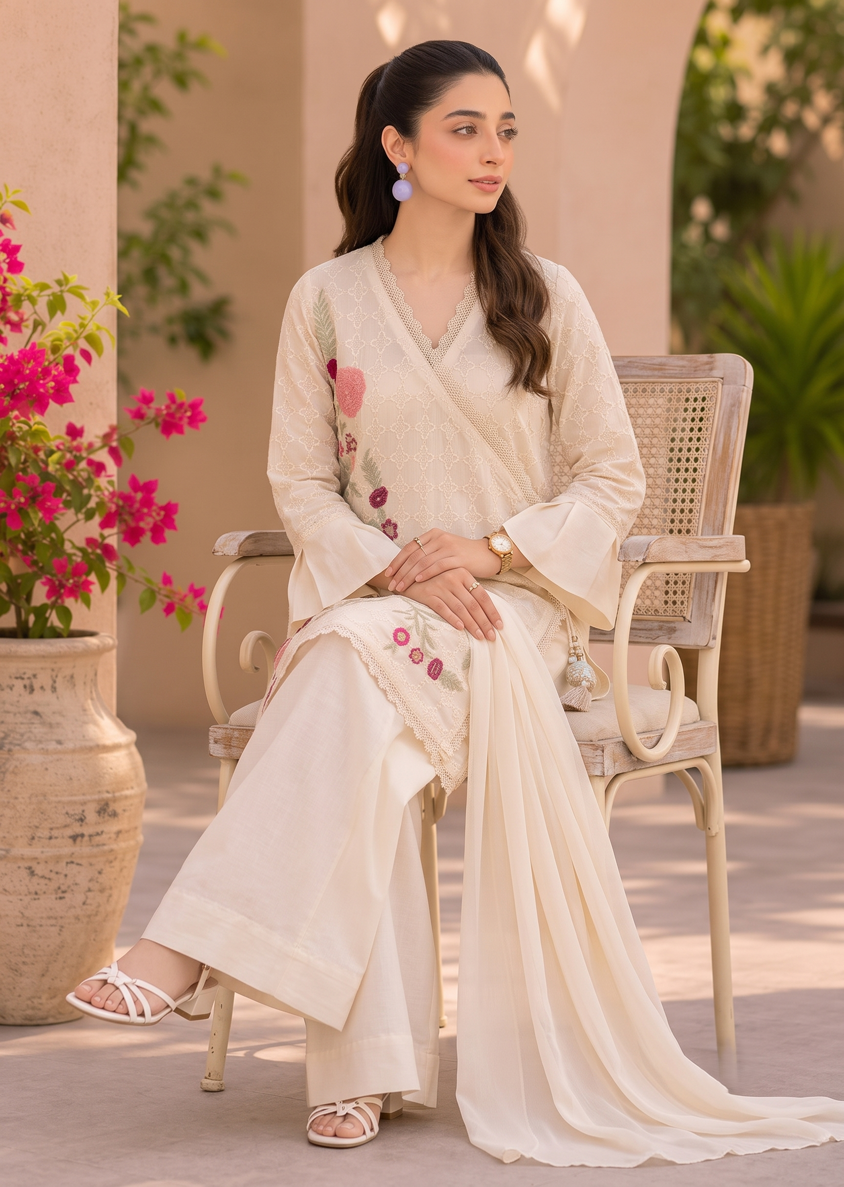 cotton crepe Angrakha in Ivory