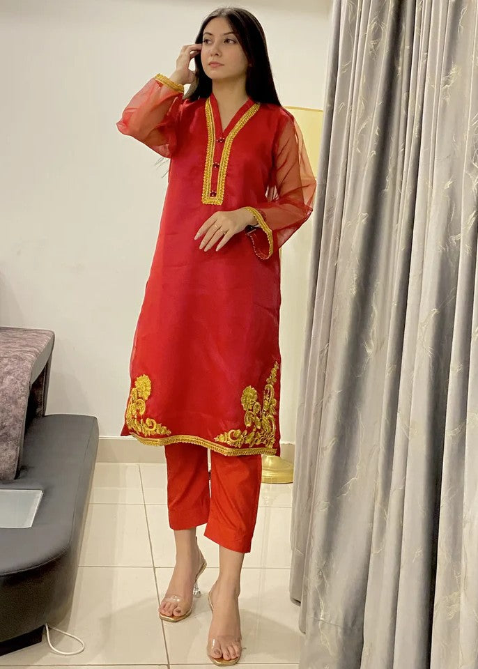 cotton net Kurta Set in Red
