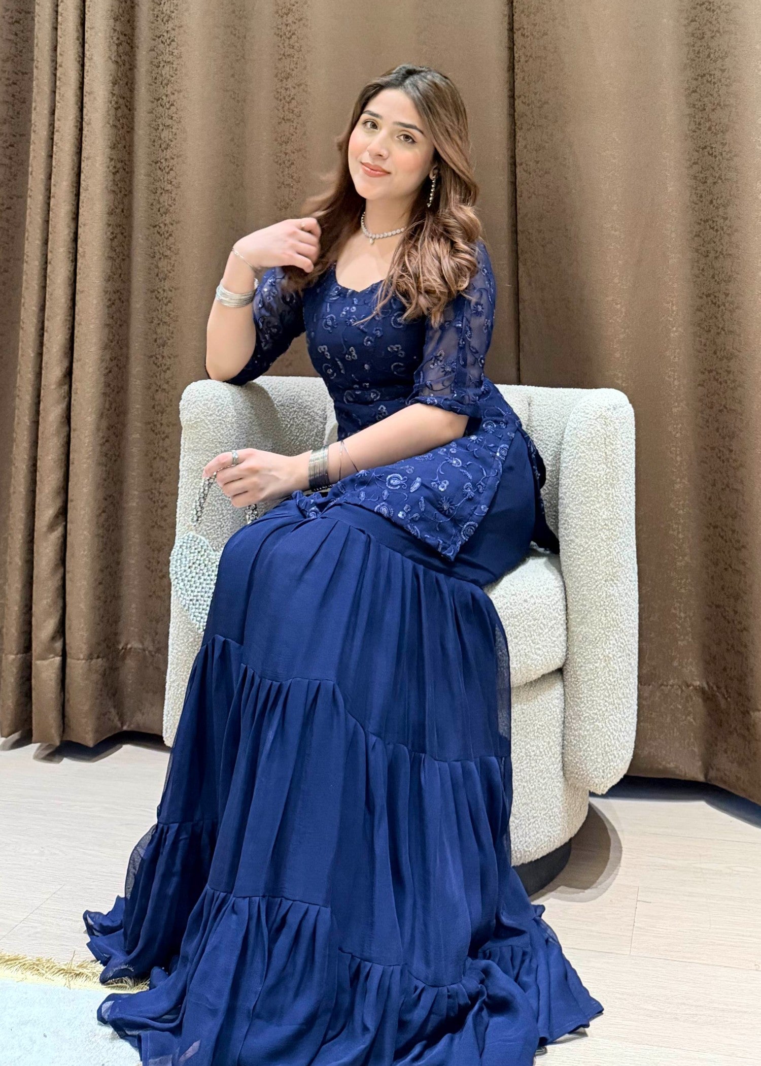 bemberg crinkle chiffon Gharara in Navy blue