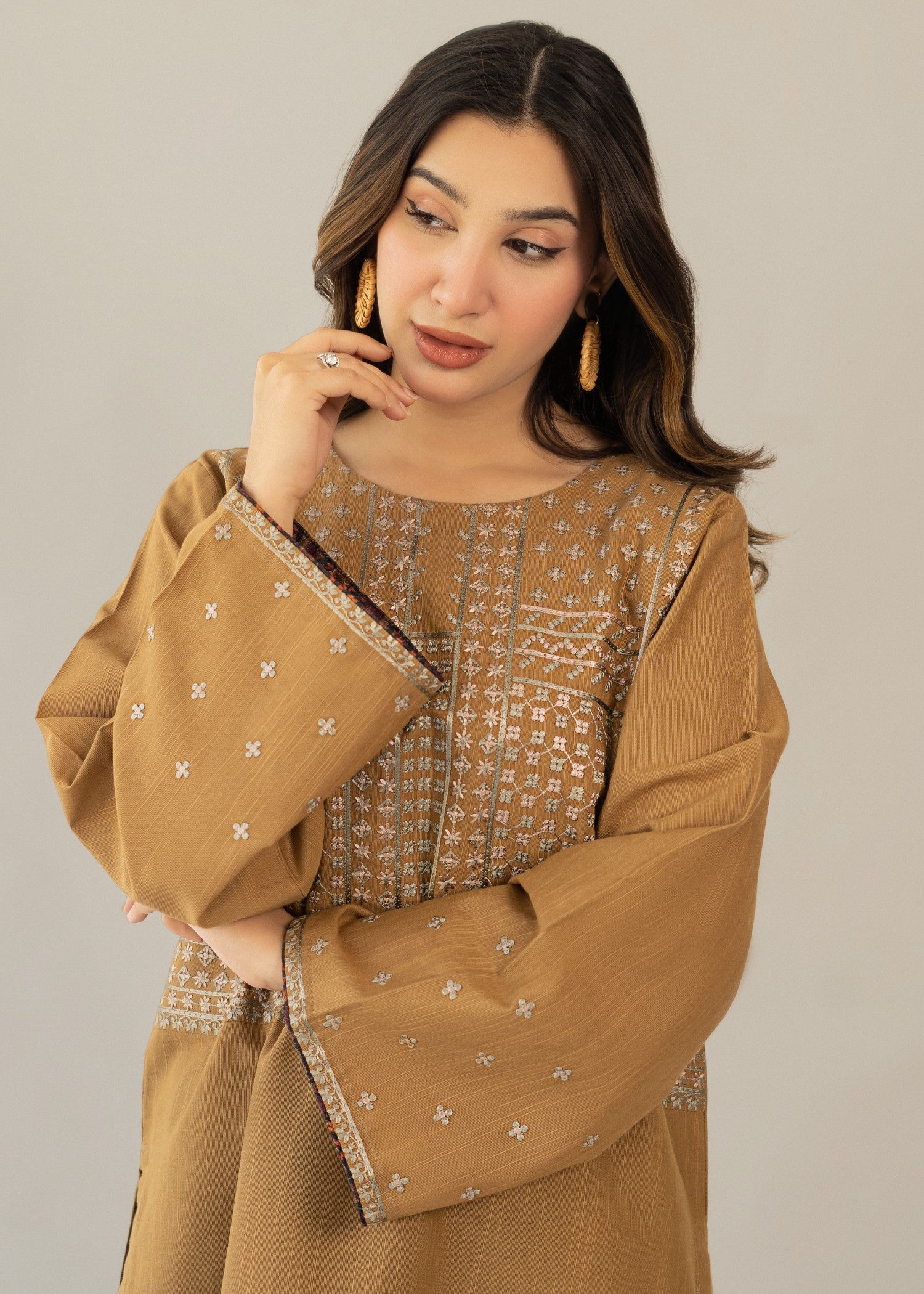 khaddar Kurta Set in Charcoal black, camel brown