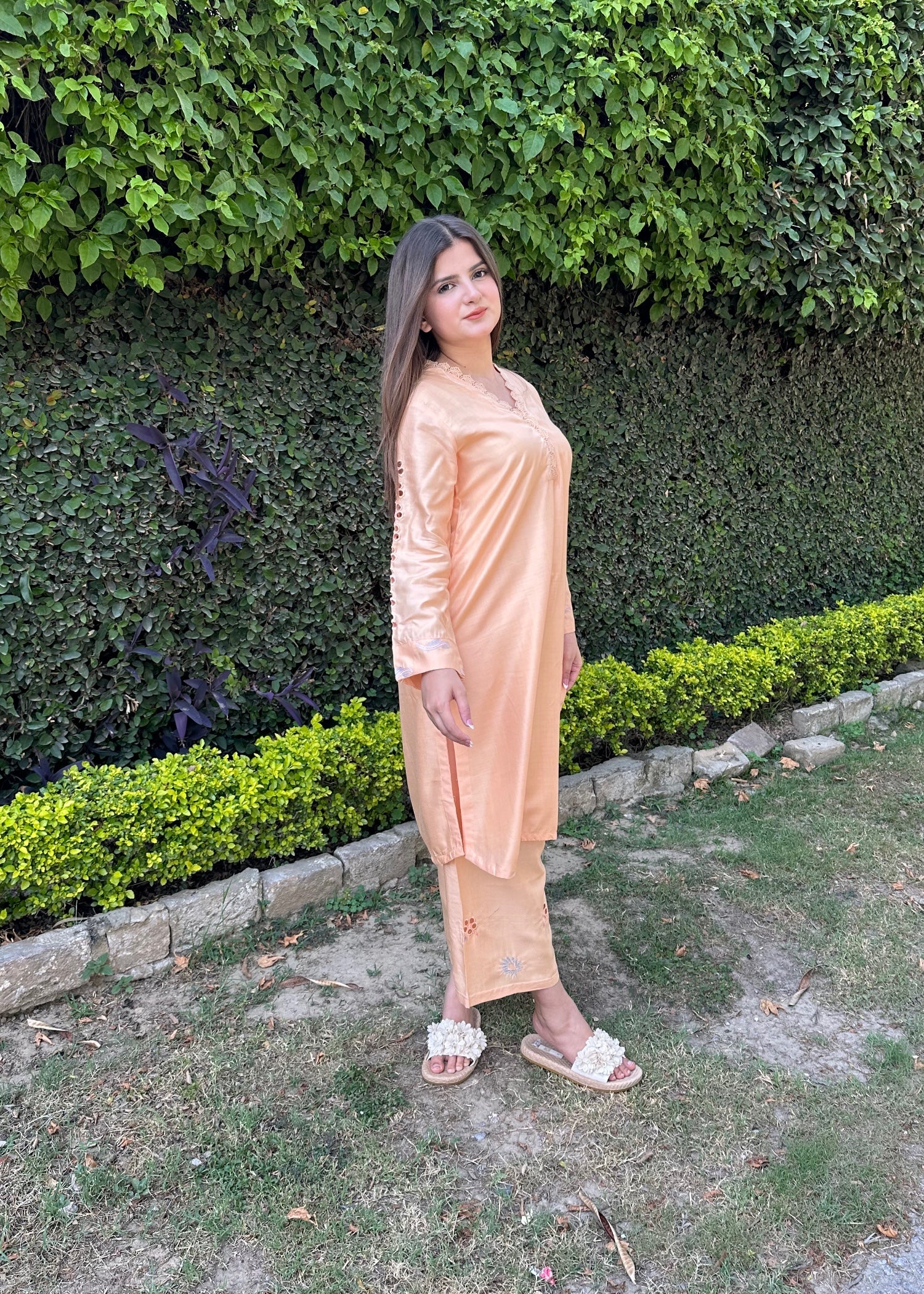 arabic lawn Kurta Set in Peach orange