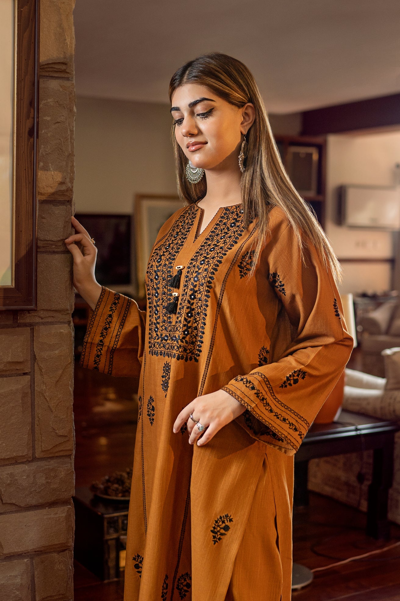 slub khaddar Kurta Set in Yellow ochre