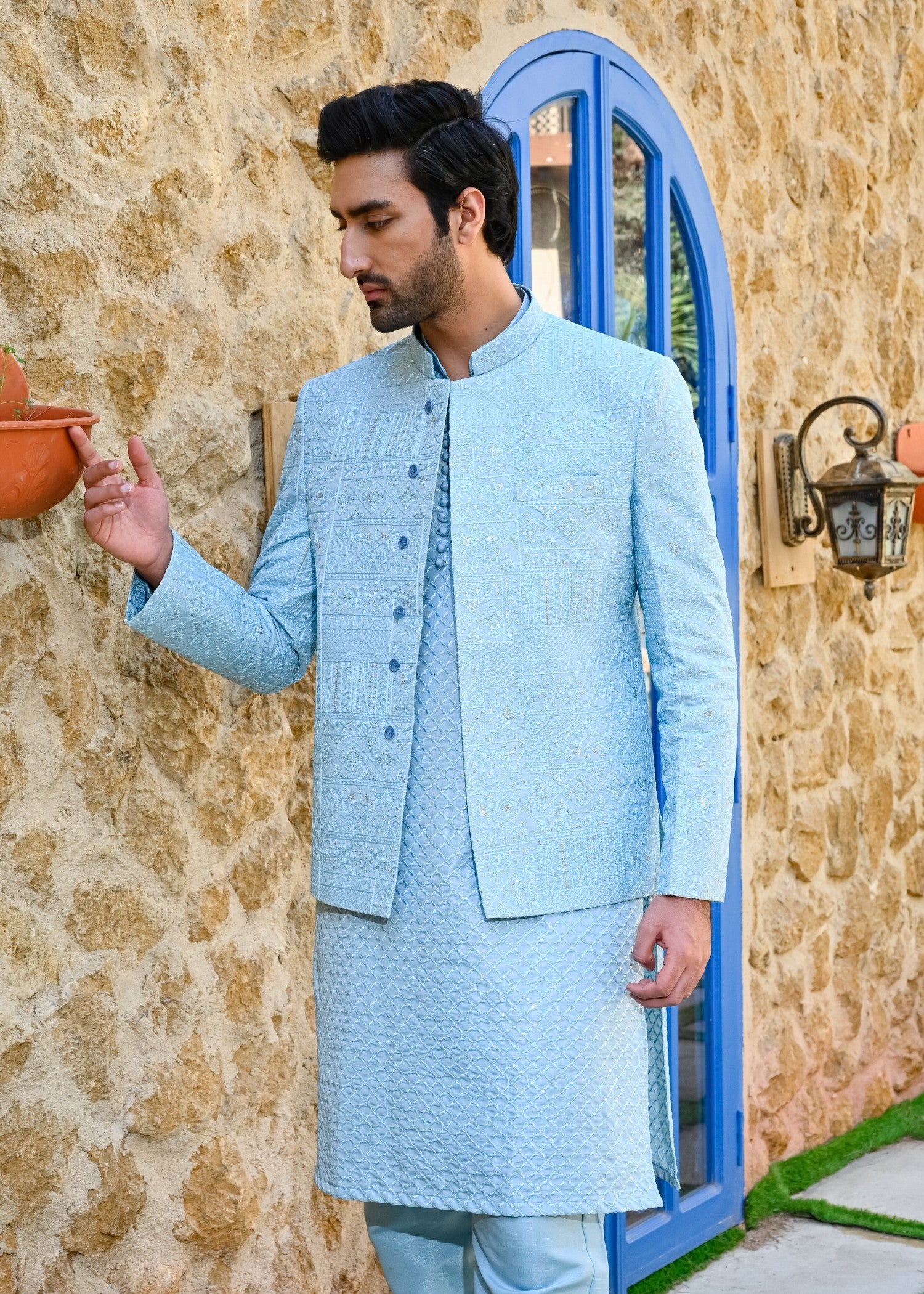 raw silk Prince Coat in Sky blue