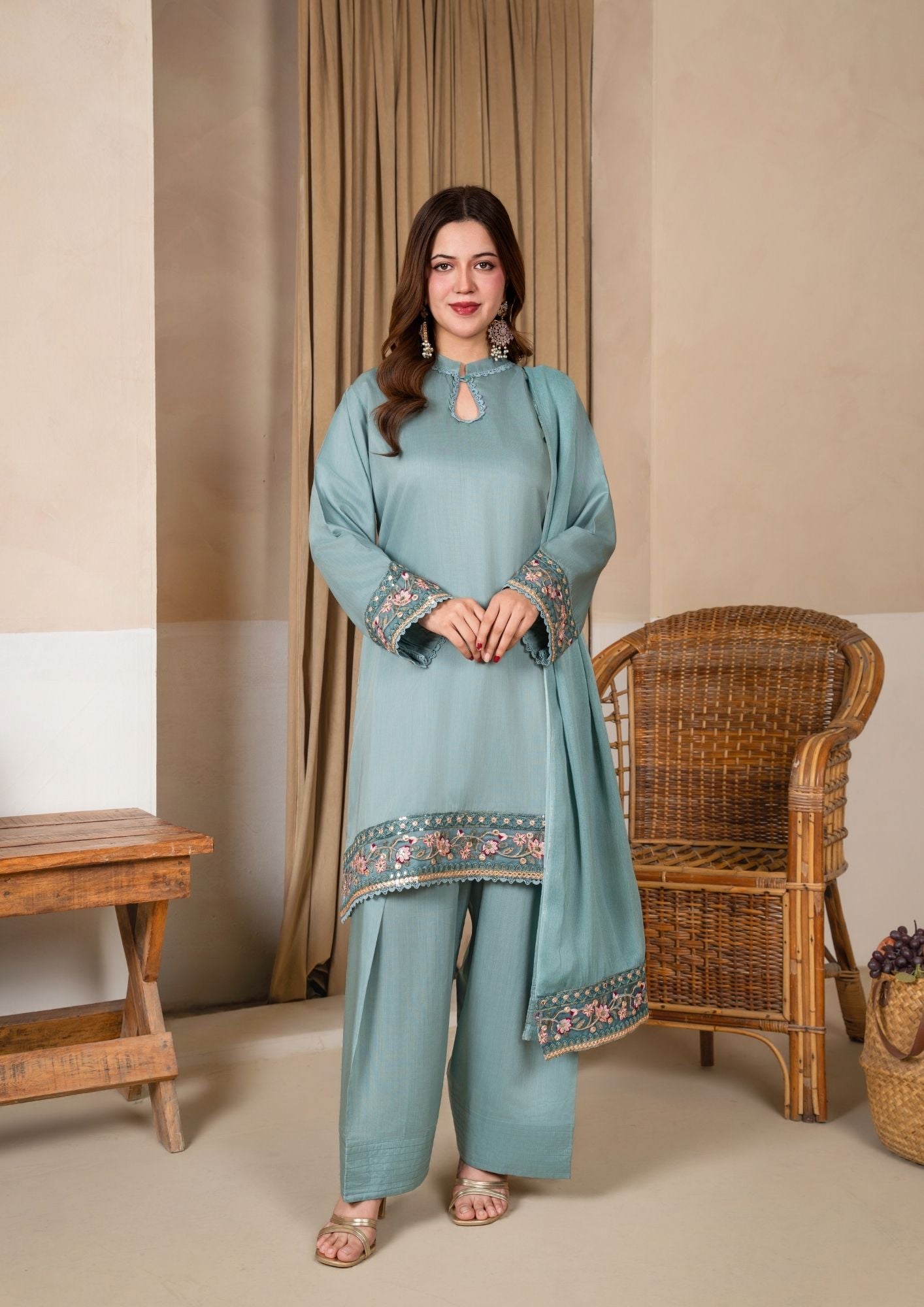 viscose raw silk Kurta Set in Duck egg grey