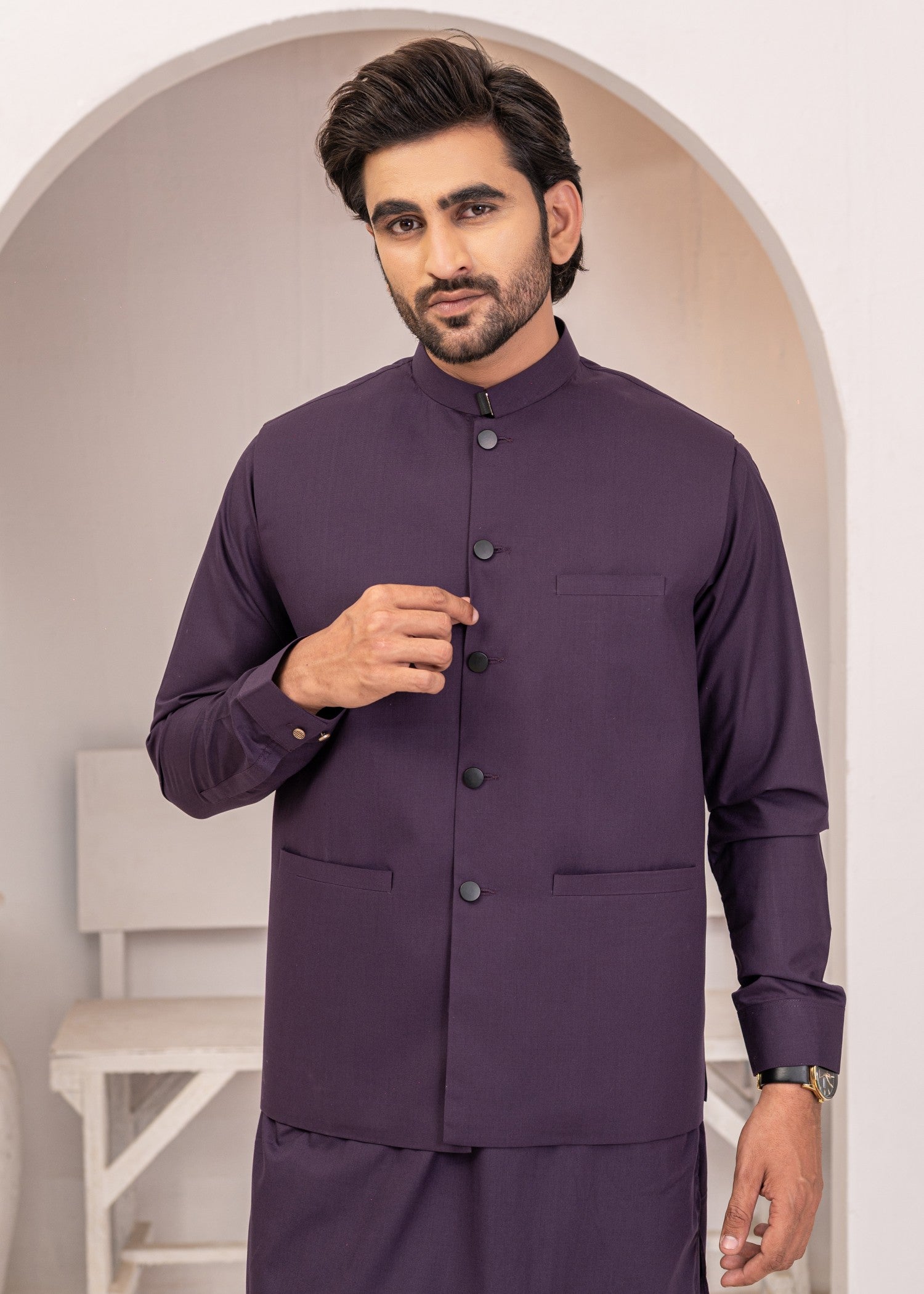 wash & wear Waistcoat in Purple by Hassan Jee Men