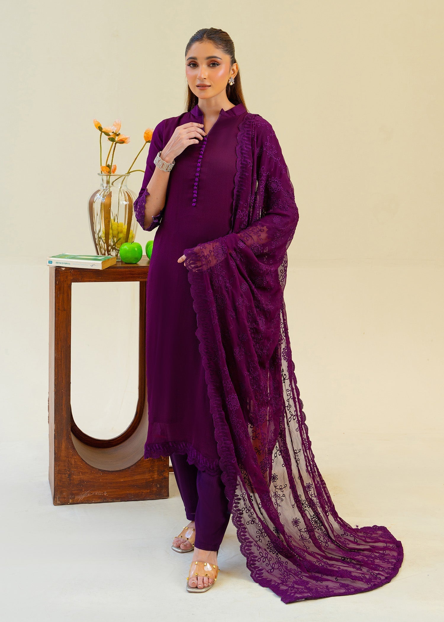 chiffon Kurta Set in Plum