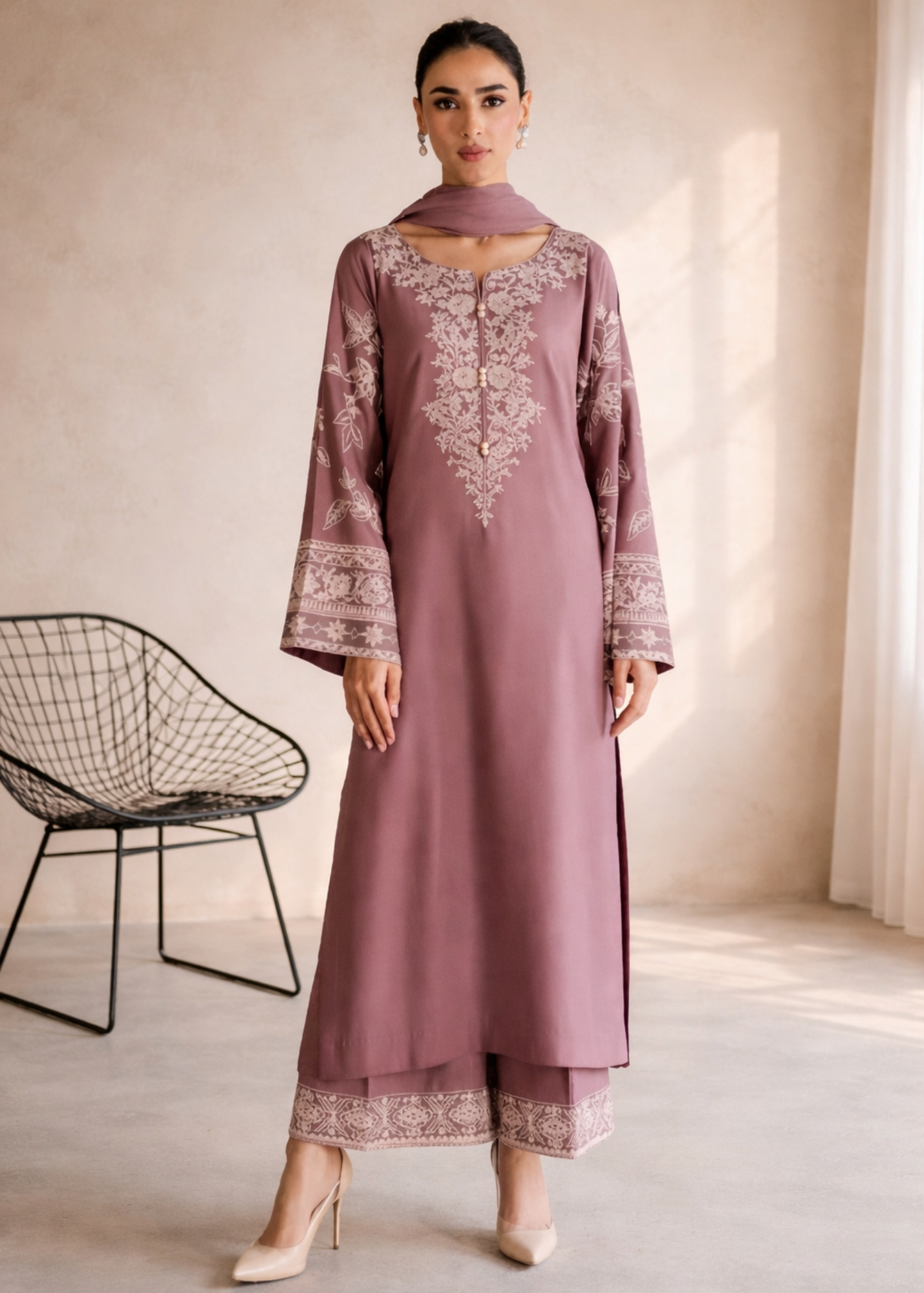 lawn cotton Kurta Set in Mauve pink