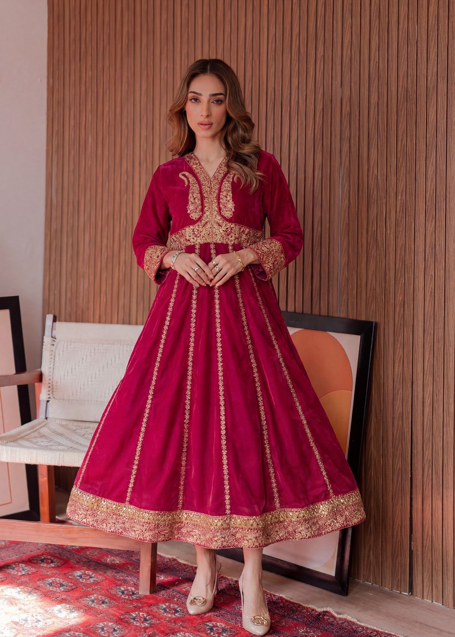 textured lawn Anarkali in Cardinal red