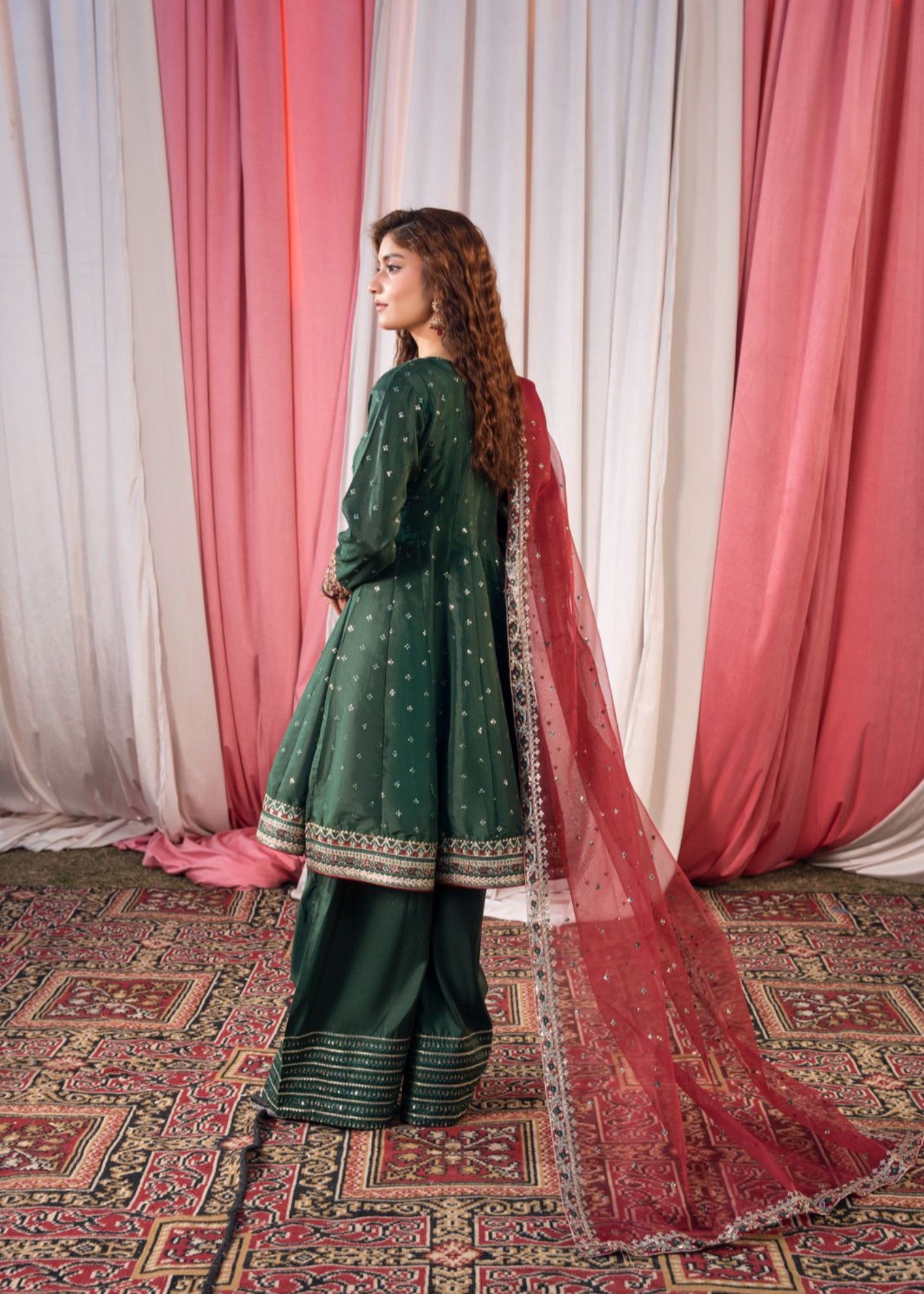 silk Sharara in Bottle green