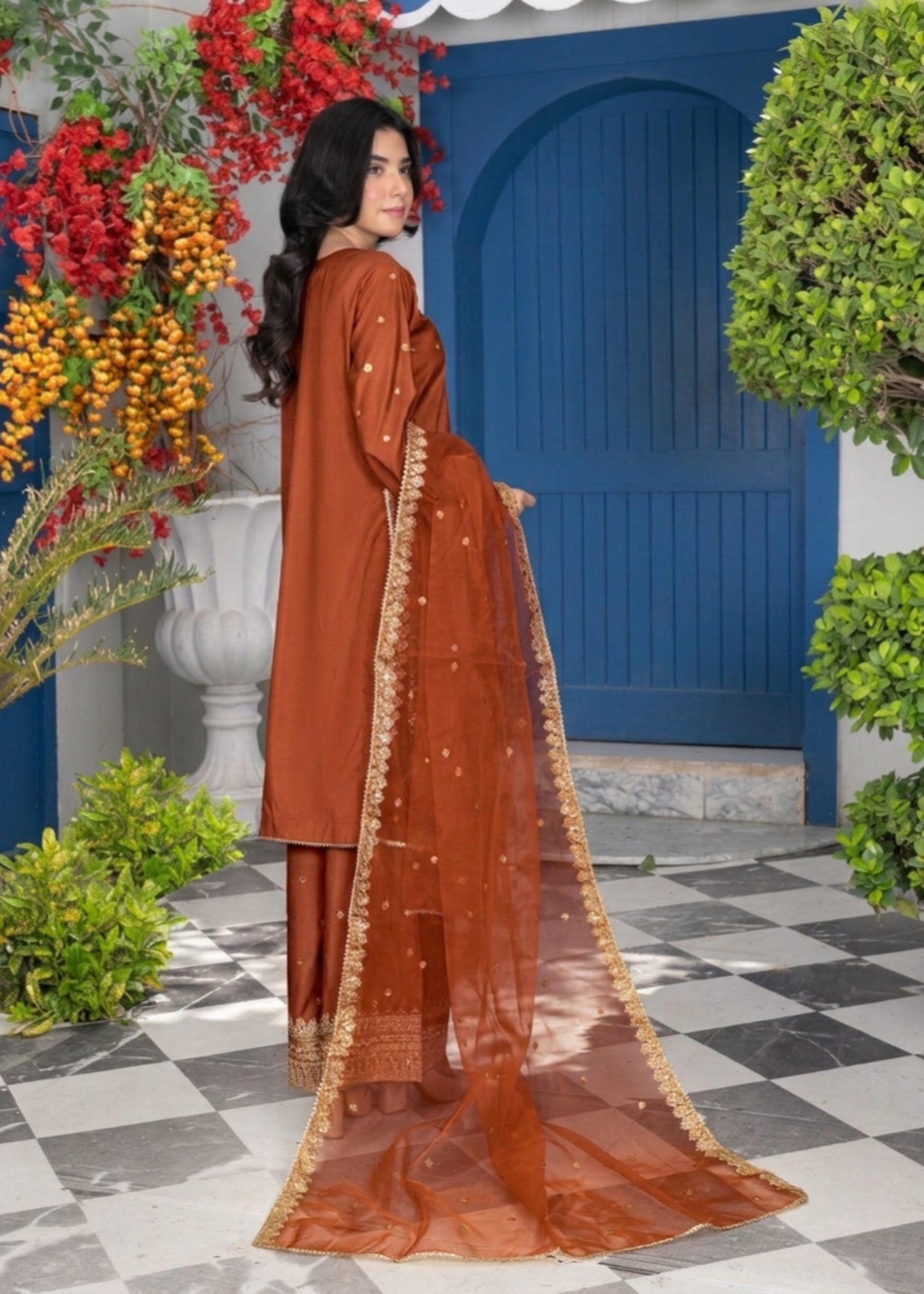 silk Kurta Set in Rust orange