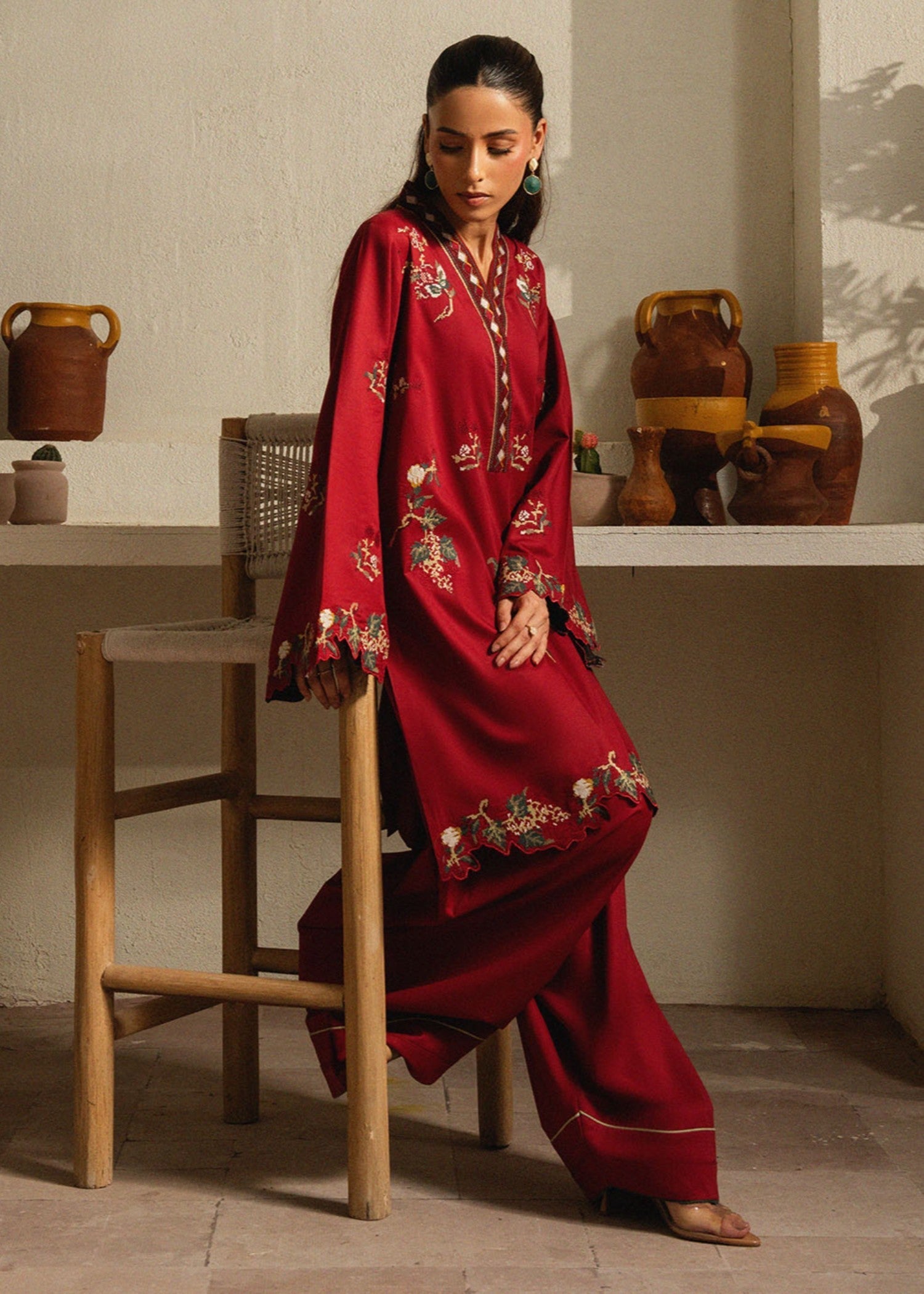 lawn cotton Kurta Set in Cardinal red