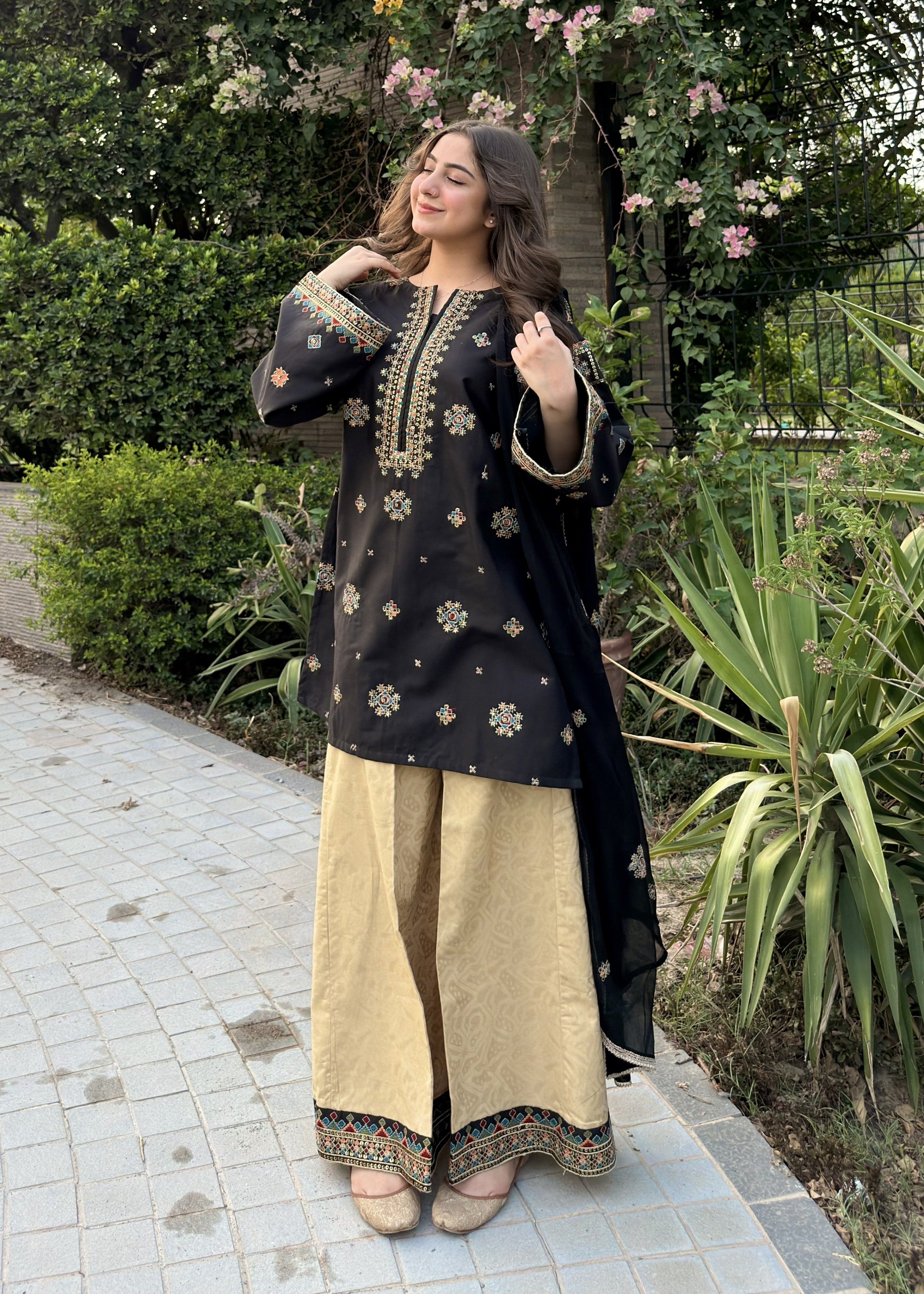 cambric Kurta Set in Black