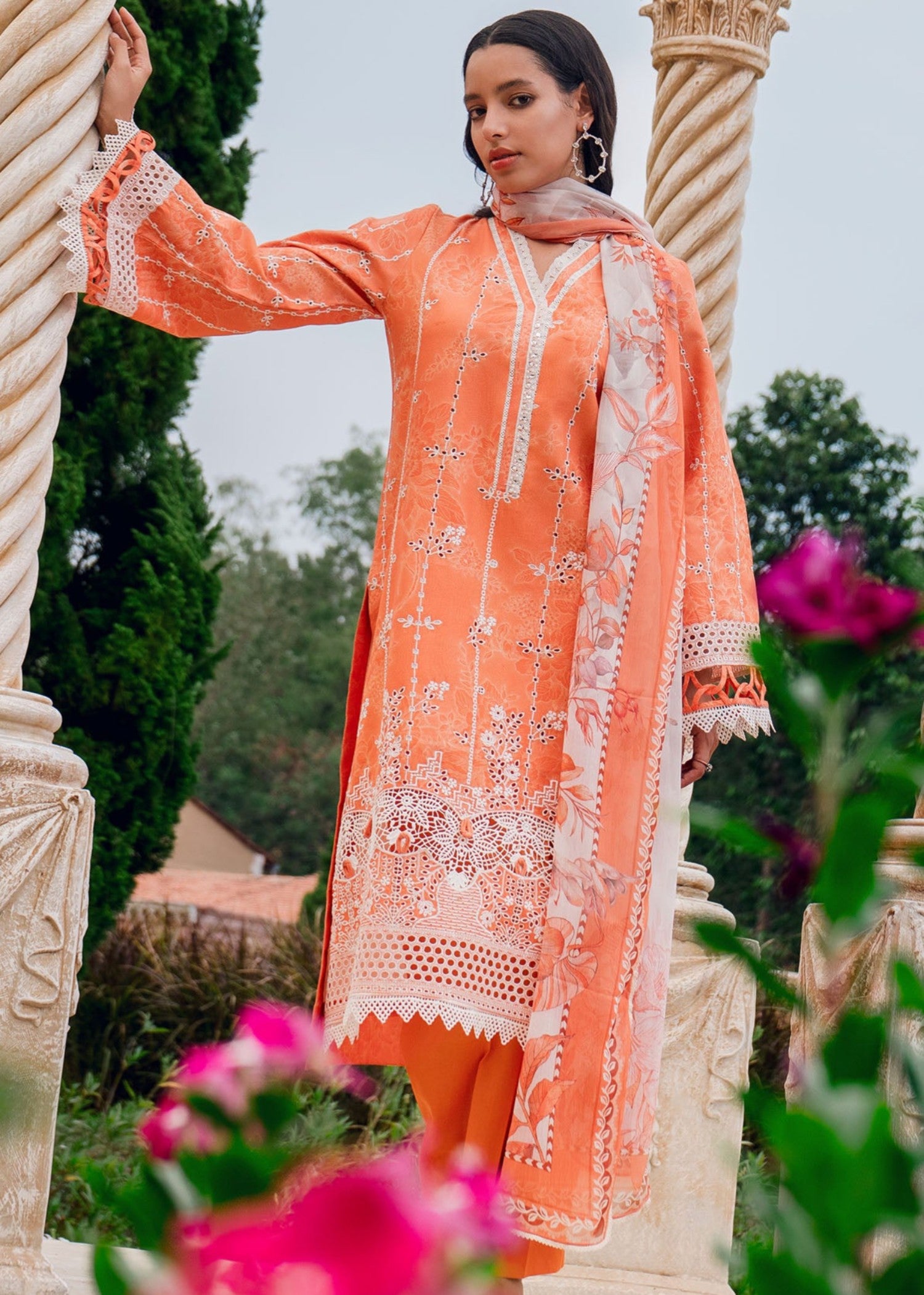lawn Unstitched in Coral orange, lilac