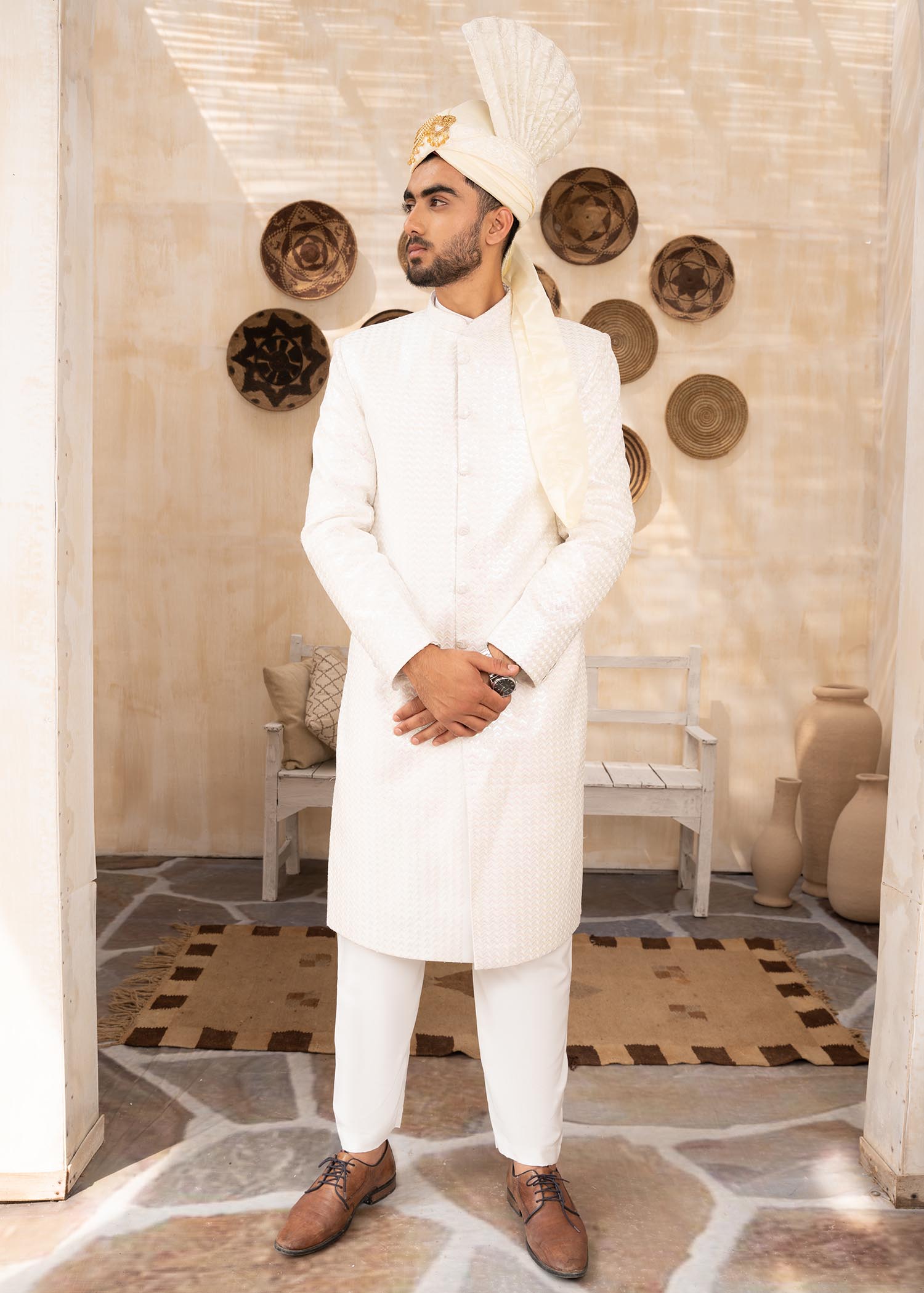 jamawar Sherwani in White
