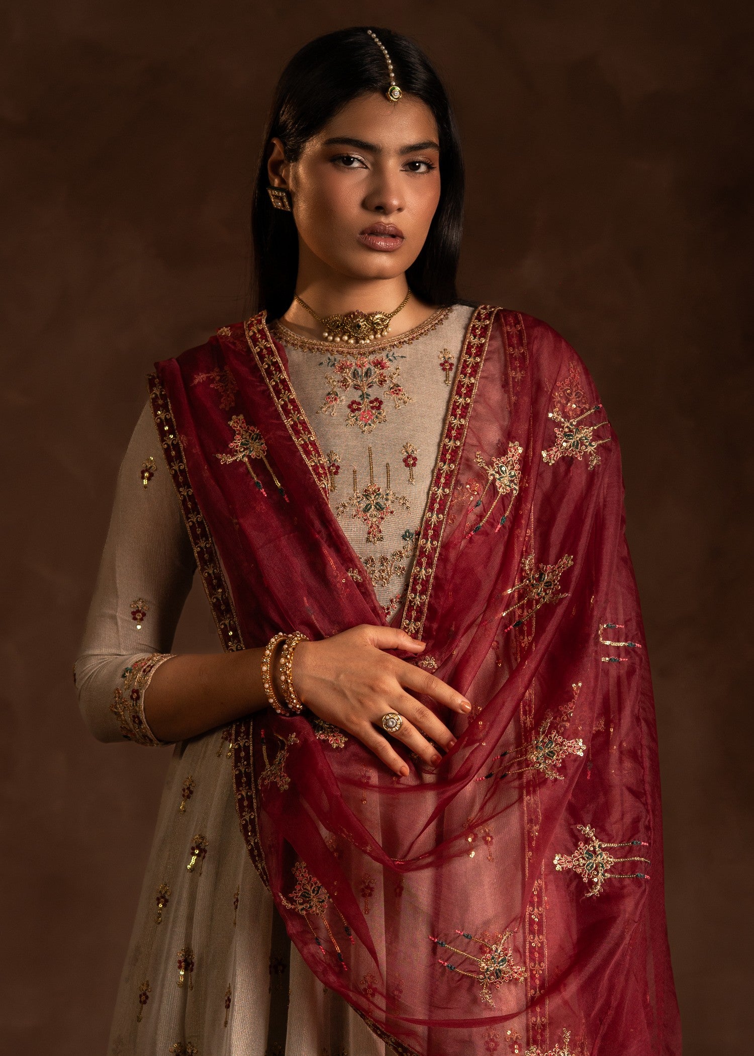 cotton net Pishwas in Maroon, beige
