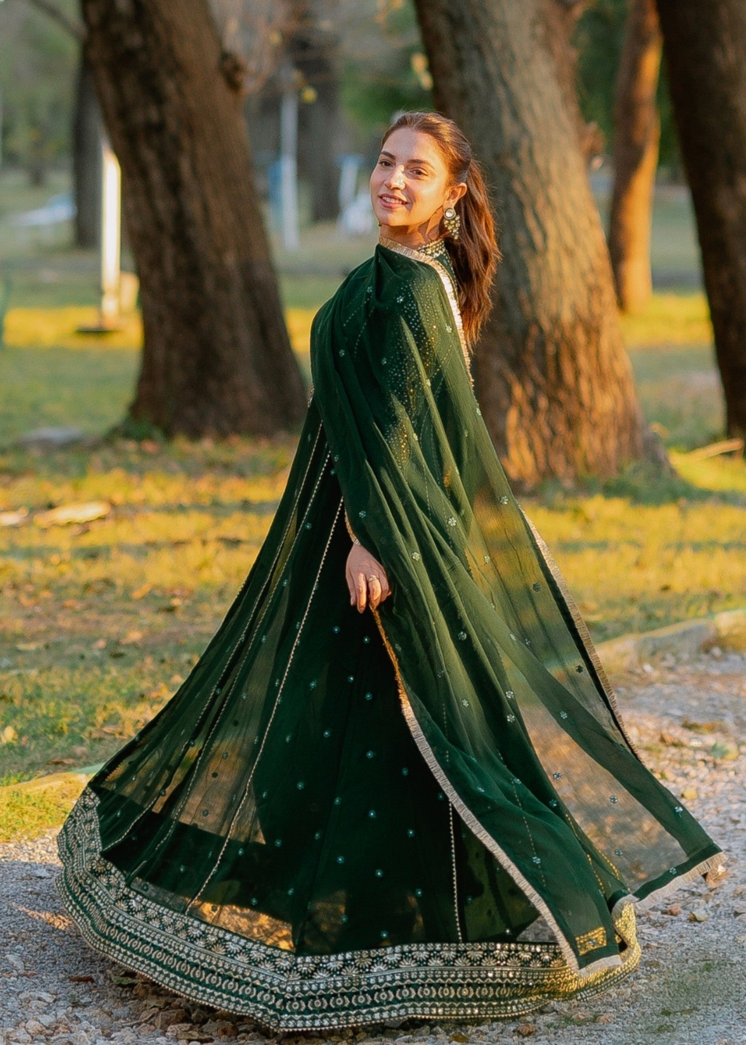 chiffon Anarkali in Dark green