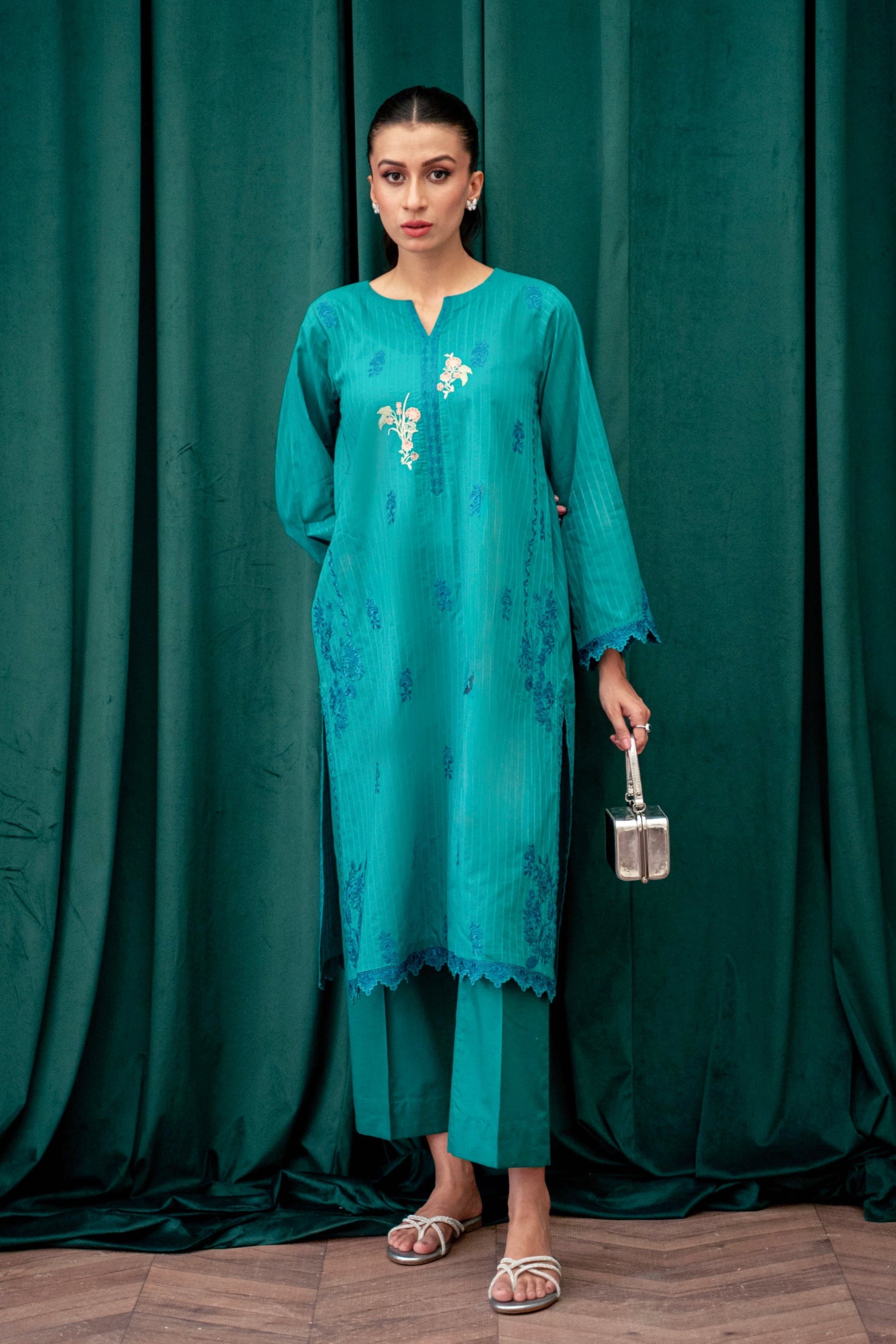 cambric Kurta Set in Teal