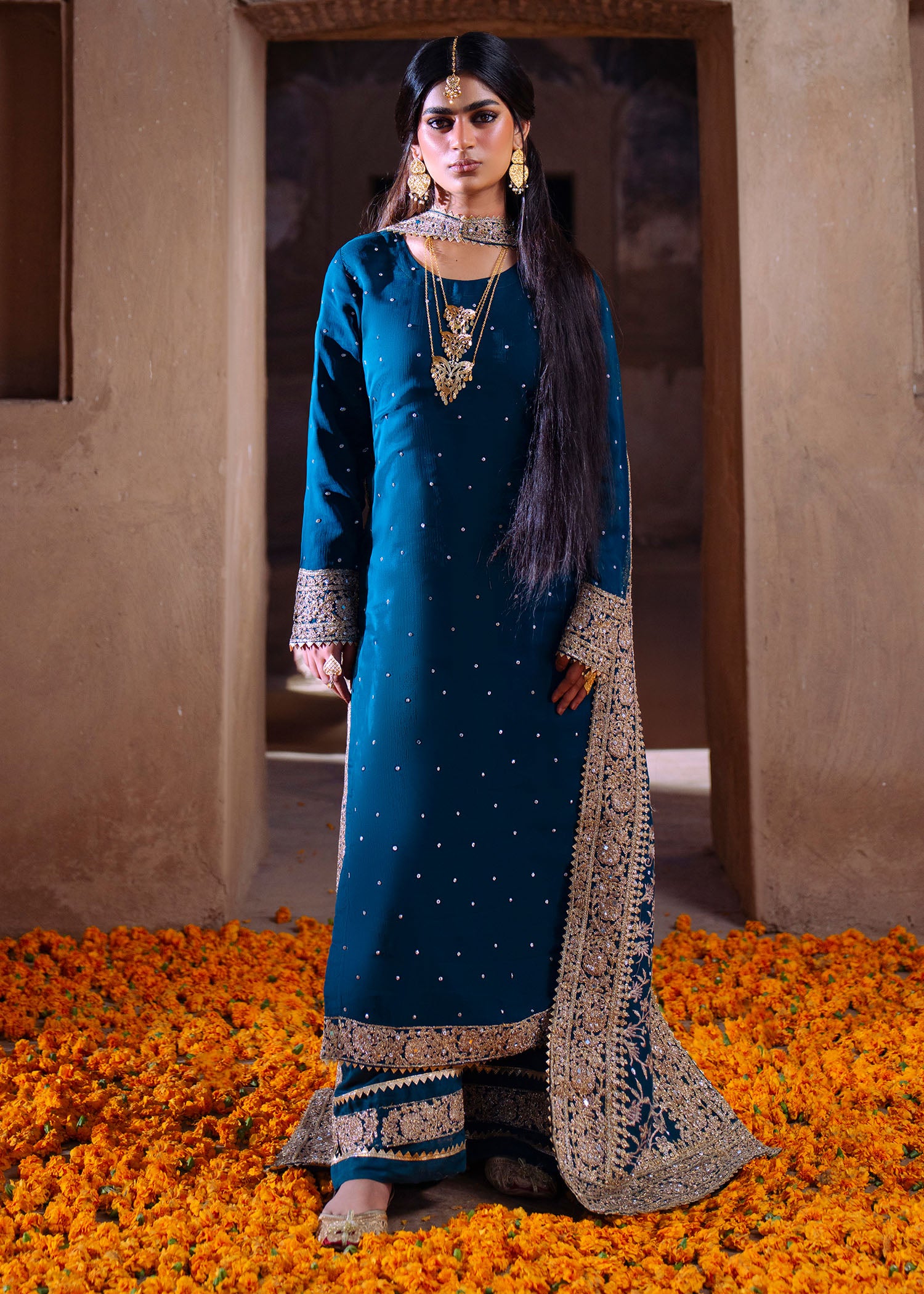 chiffon Kurta Set in Cobalt blue