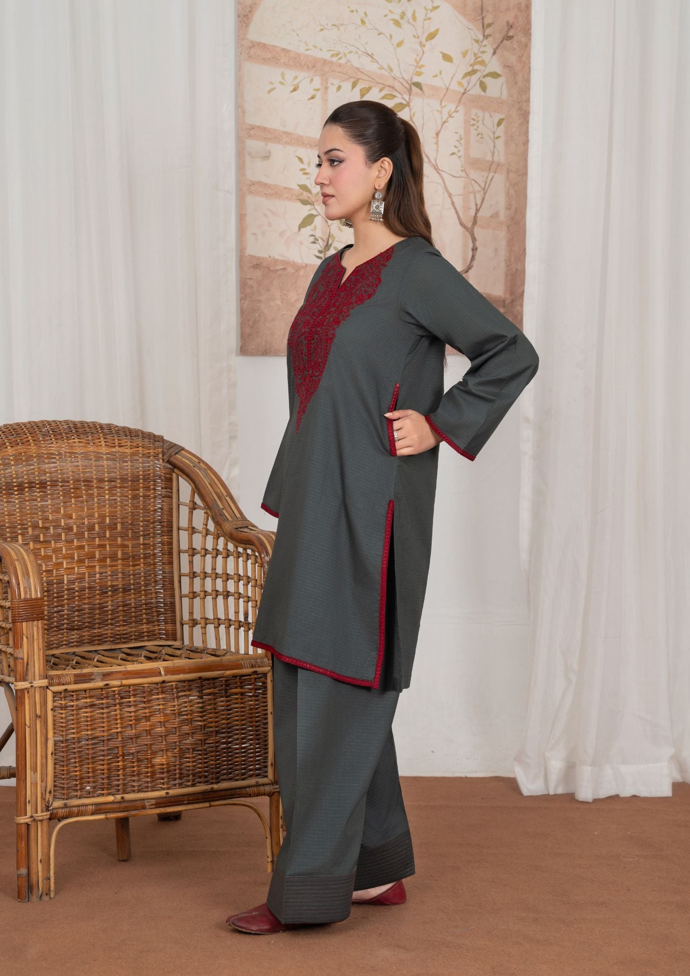 lawn Kurta Set in Slate grey