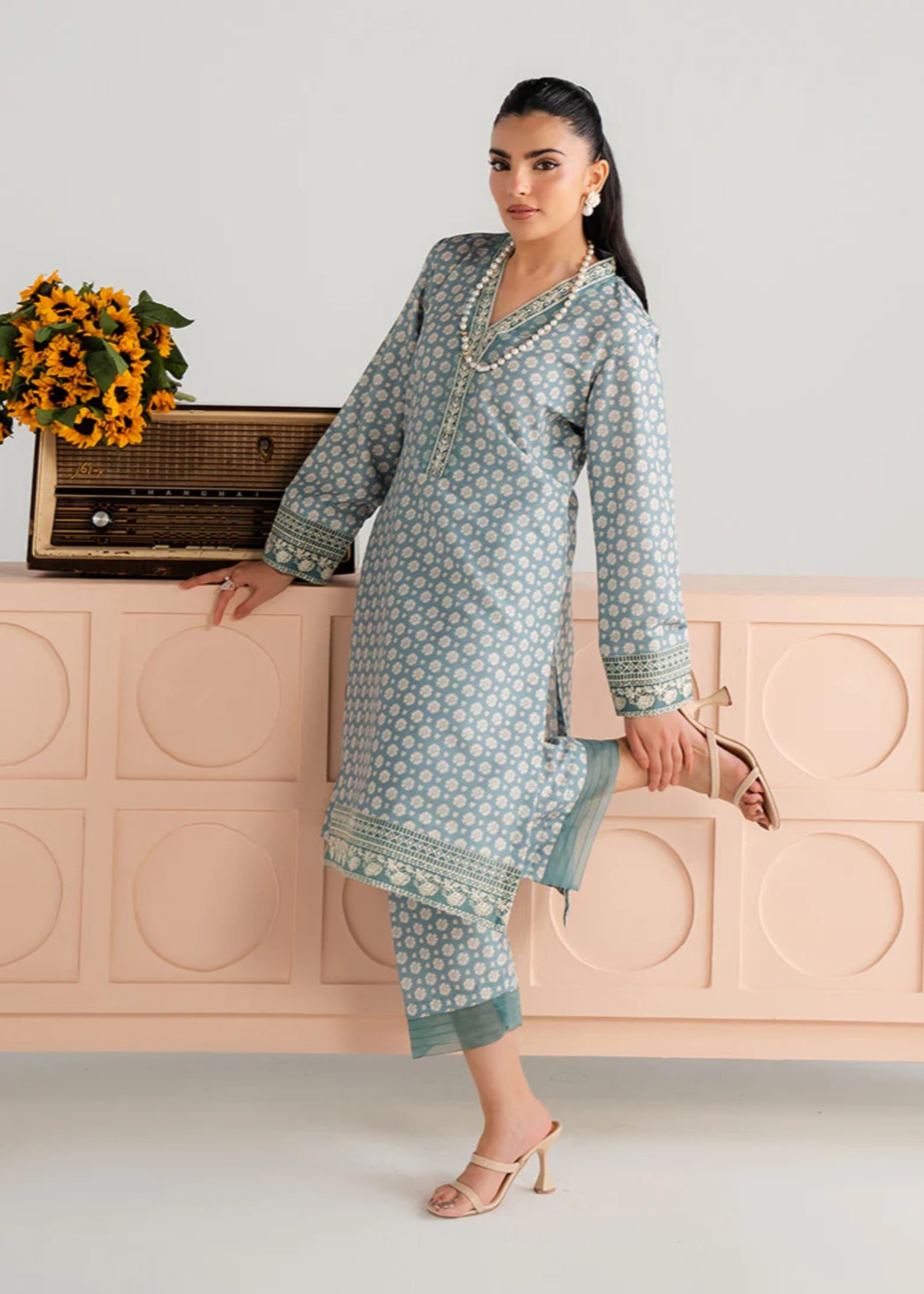 poly lawn Kurta Set in Lynx white