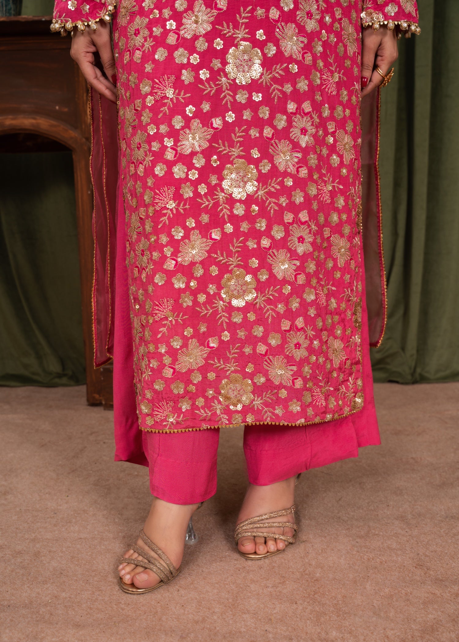 raw silk Kurta Set in Shocking pink