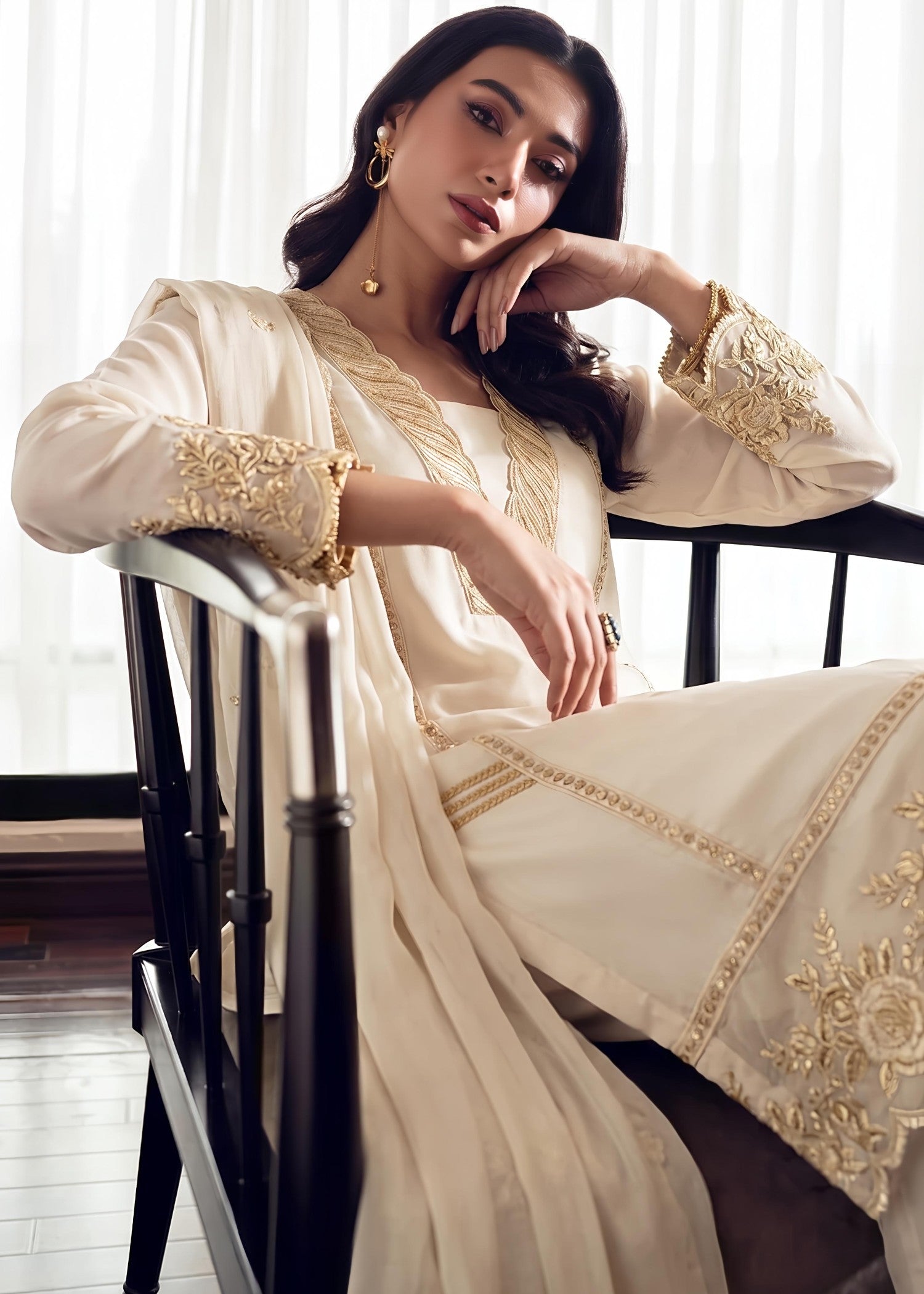 bemberg crinkle chiffon Kurta Set in Cream