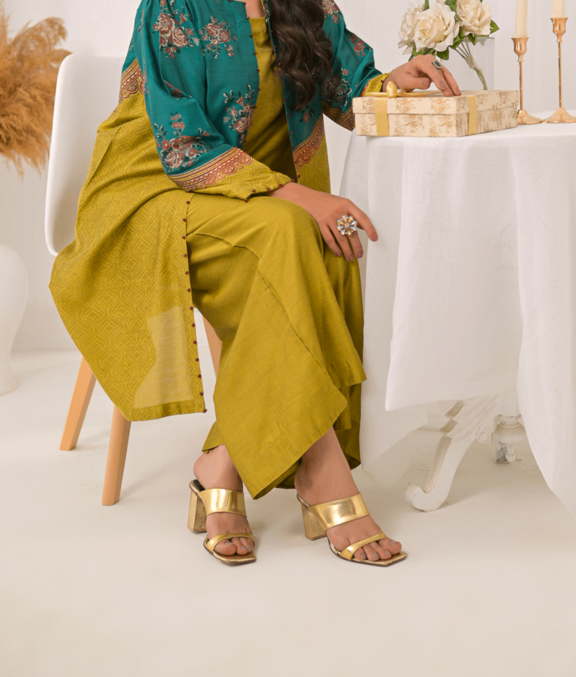 jacquard Gown in Goldenrod, parrot green