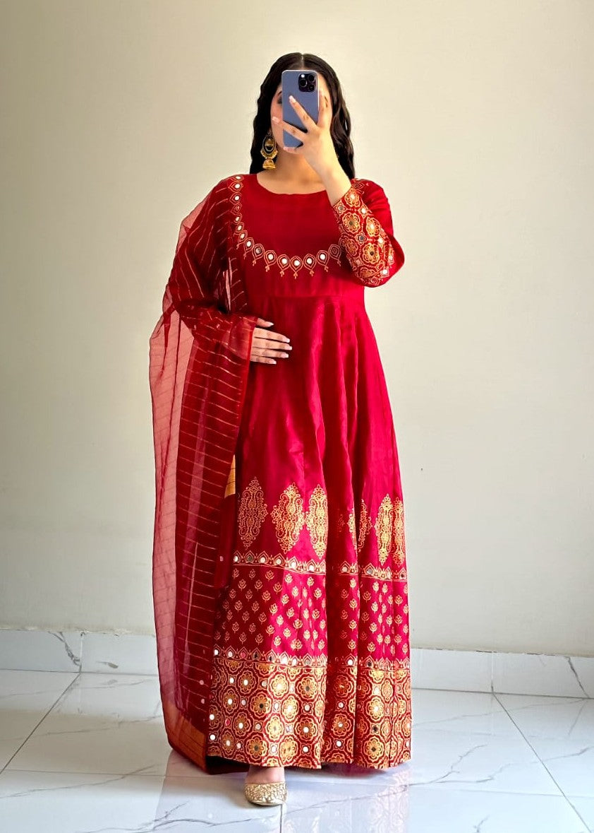 cotton satin Anarkali in Maroon