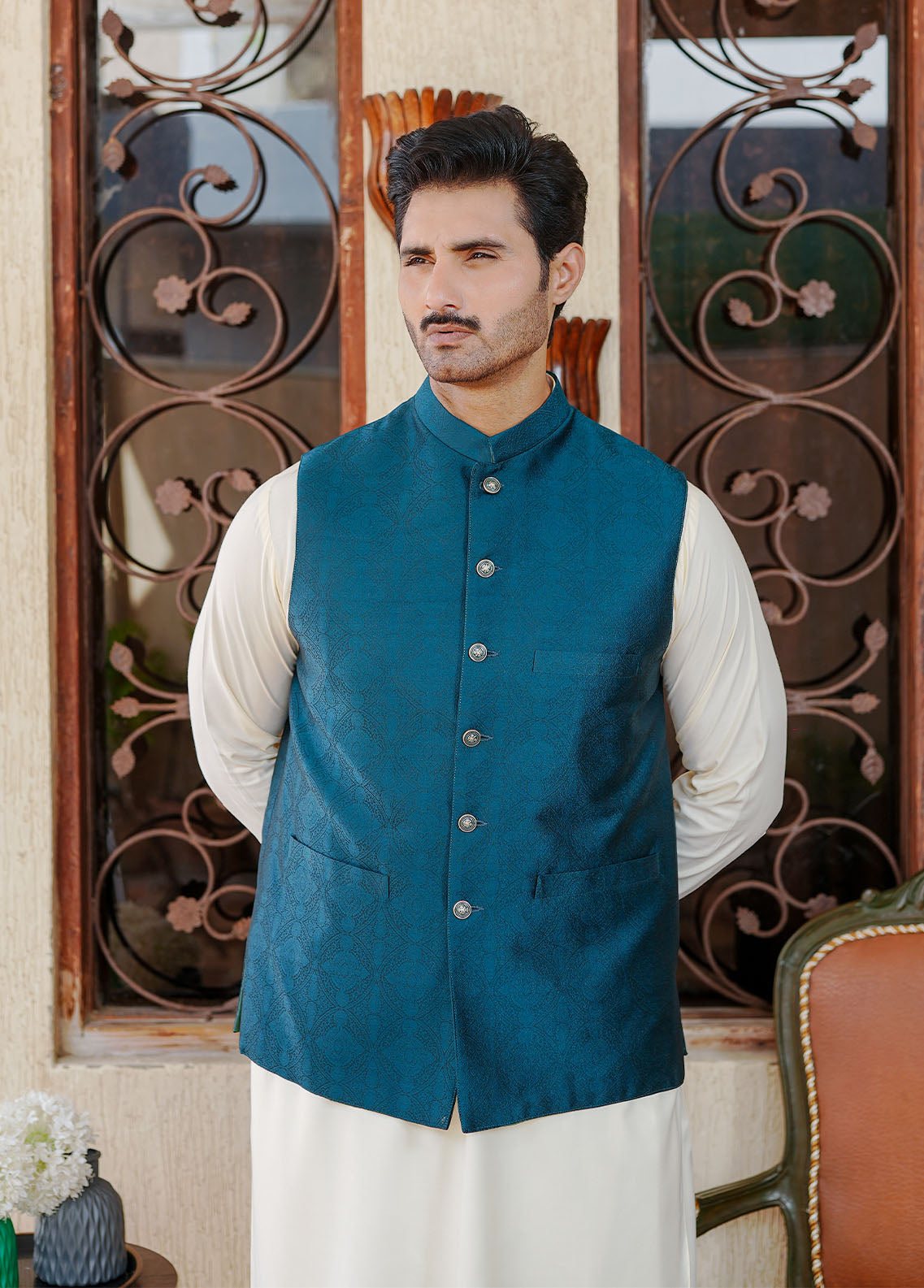 banarasi jamawar Waistcoat in Yale blue
