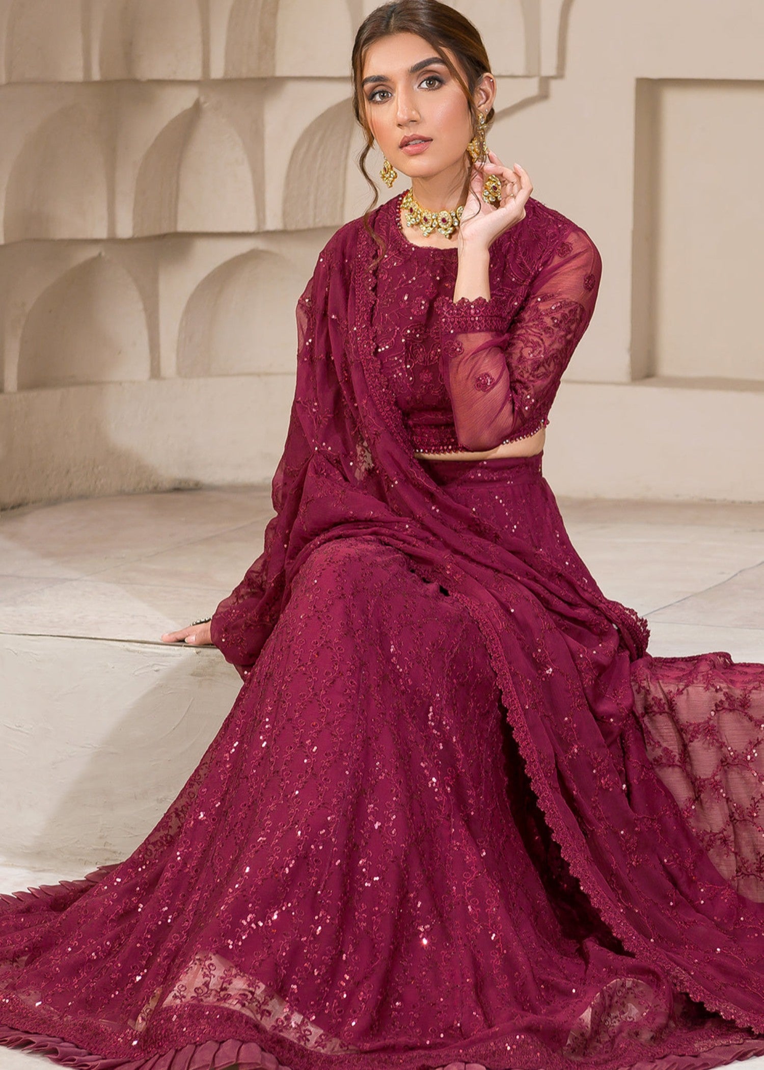 chiffon Lehenga in Cherry red