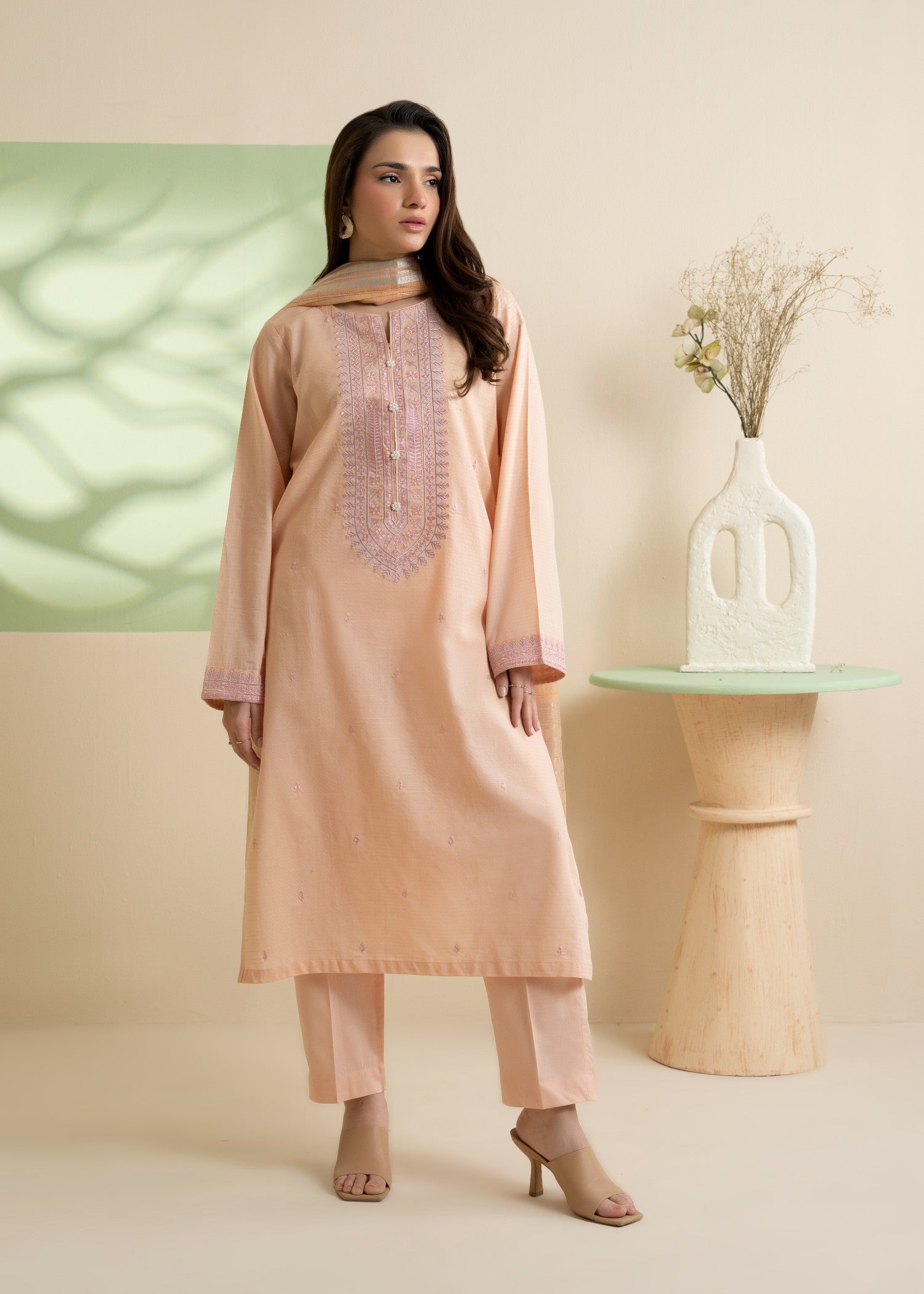 textured lawn Kurta Set in Peach pink