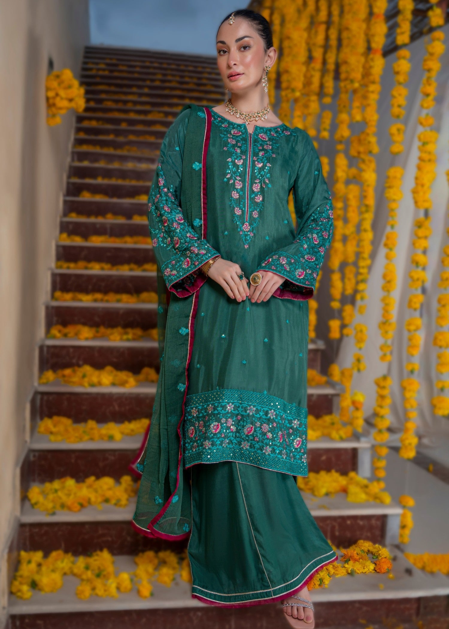 cotton silk Kurta Set in Dark green