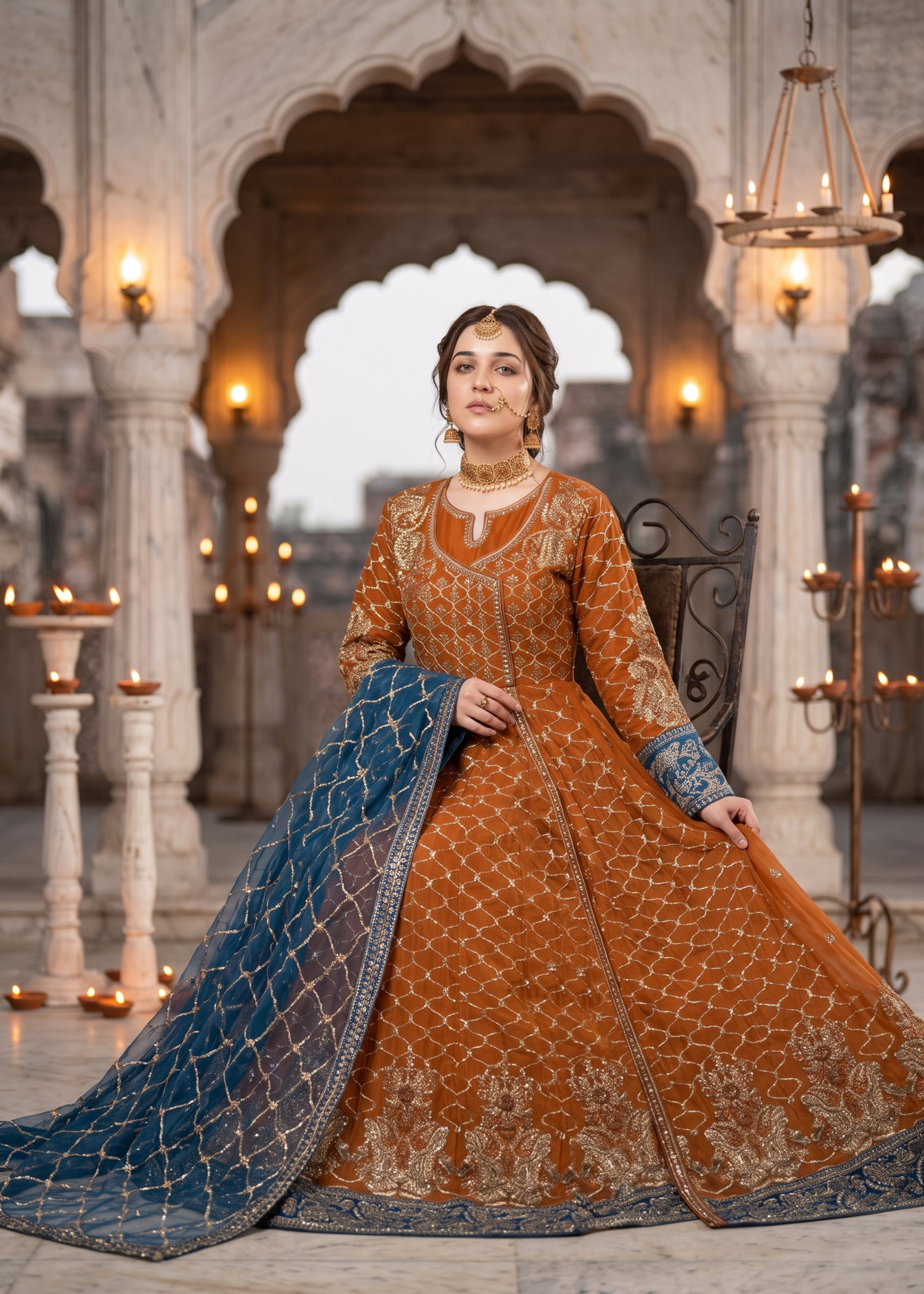 chiffon Angrakha in Rust orange, prussian blue