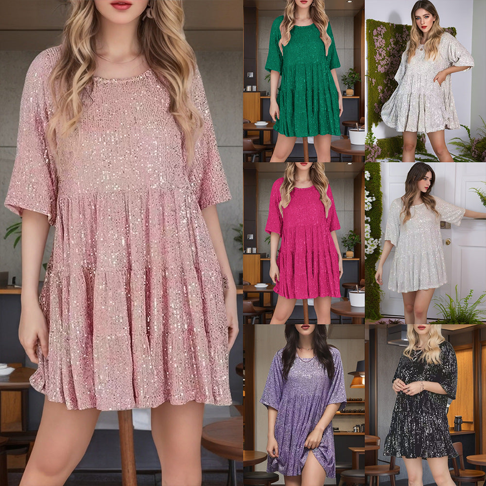 Fashionable Round-neck Loose-fit Short-sleeve Dress With Sequins