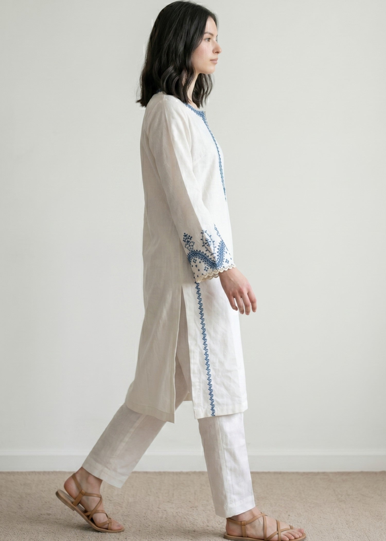 cotton jacquard Kurta Set in Ivory