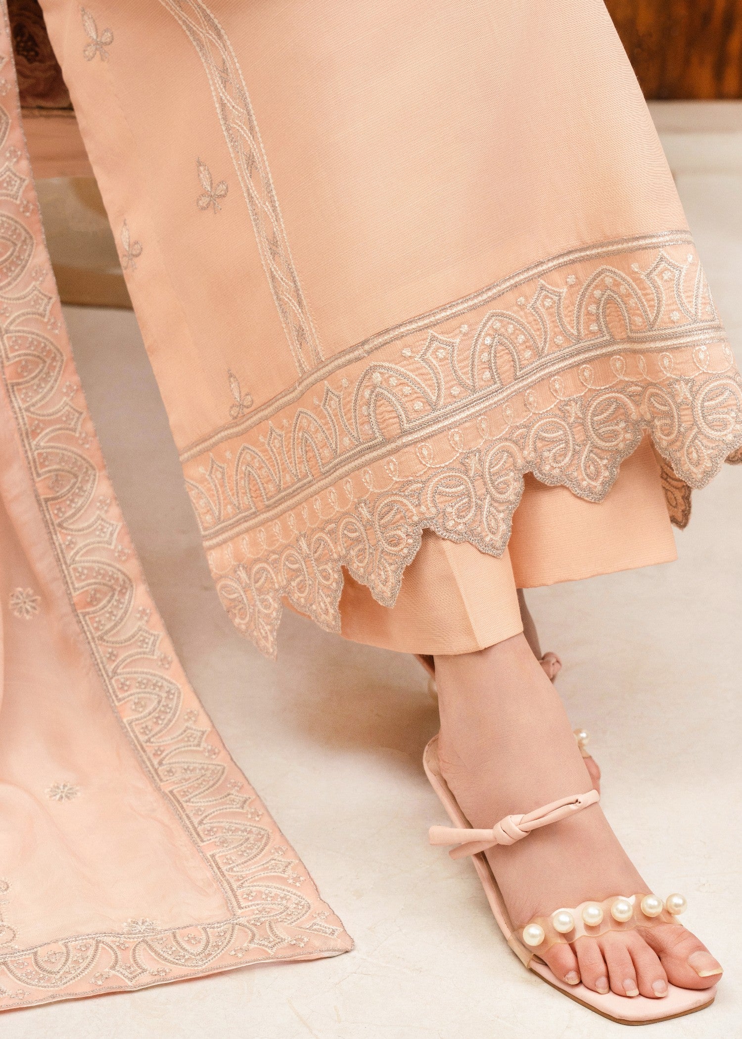 raw silk Kurta Set in Apricot orange, silver